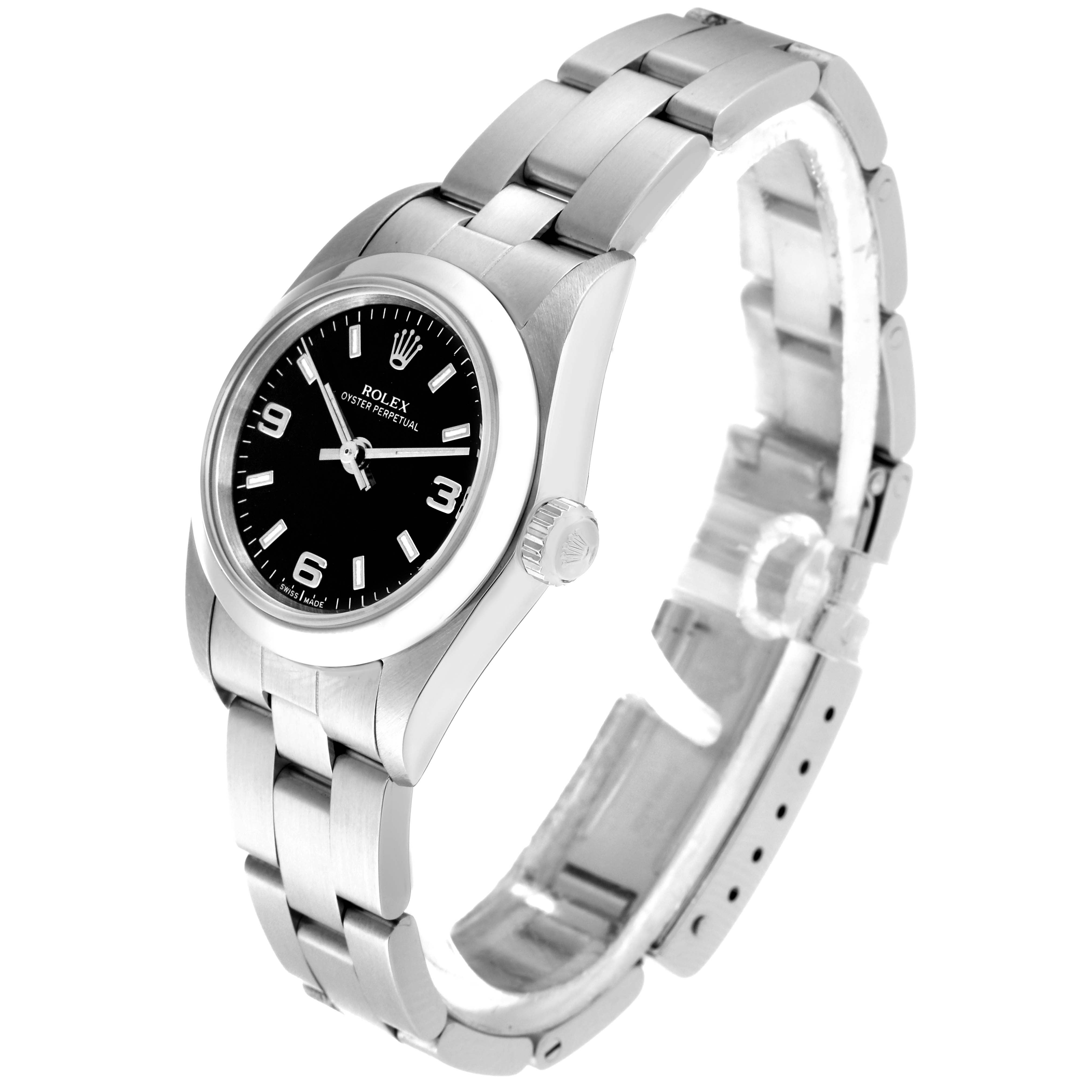 This Rolex Oyster Perpetual 76080 Women's Stainless Steel Black Dial 76080 Women's Stainless Steel Black Dial watch is shown at a slight angle, featuring its black dial, stainless steel case, and bracelet.