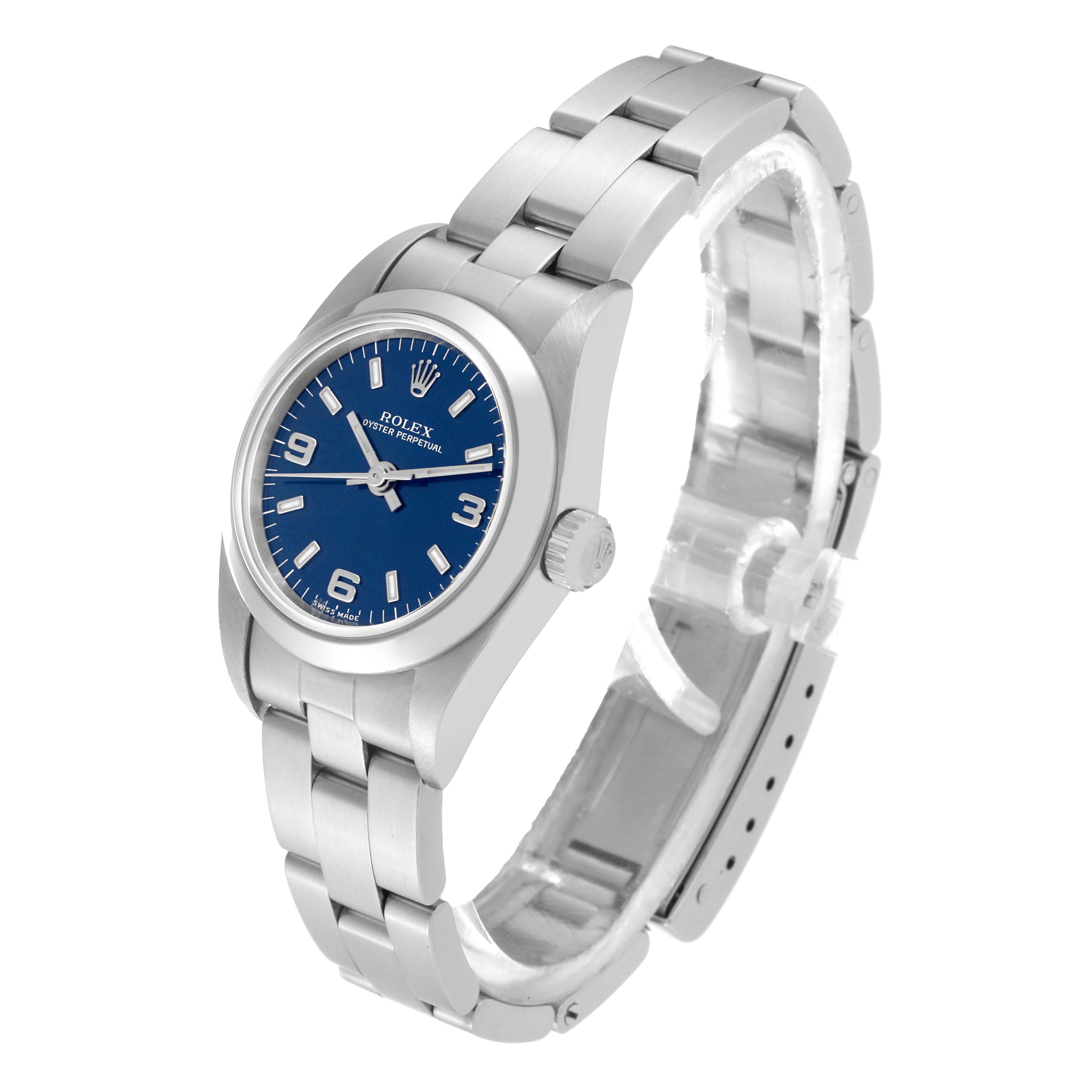 The image shows a side-angle view of the Rolex Oyster Perpetual 76080 Women's Stainless Steel Blue Dial 76080 Women's Stainless Steel Blue Dial watch, displaying its blue dial, bracelet, and crown.