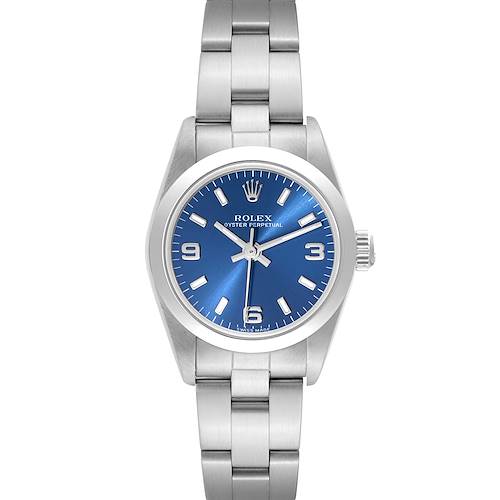 The image shows a front view of a Rolex Oyster Perpetual watch, highlighting its blue dial and stainless steel bracelet.