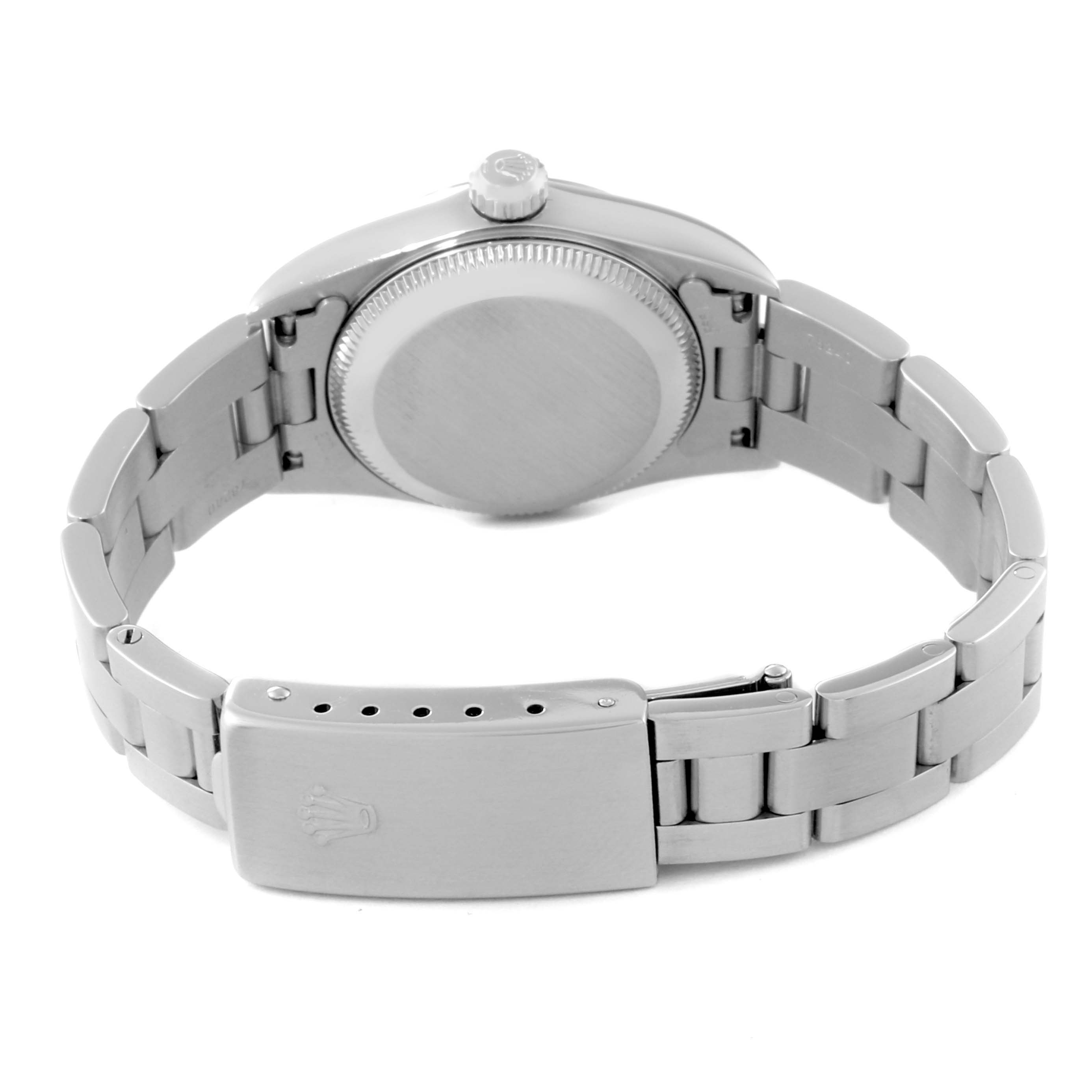 The image shows the back view of a Rolex Oyster Perpetual 76080 Women's Stainless Steel Blue Dial 76080 Women's Stainless Steel Blue Dial watch, displaying its case back, crown, and bracelet with clasp.