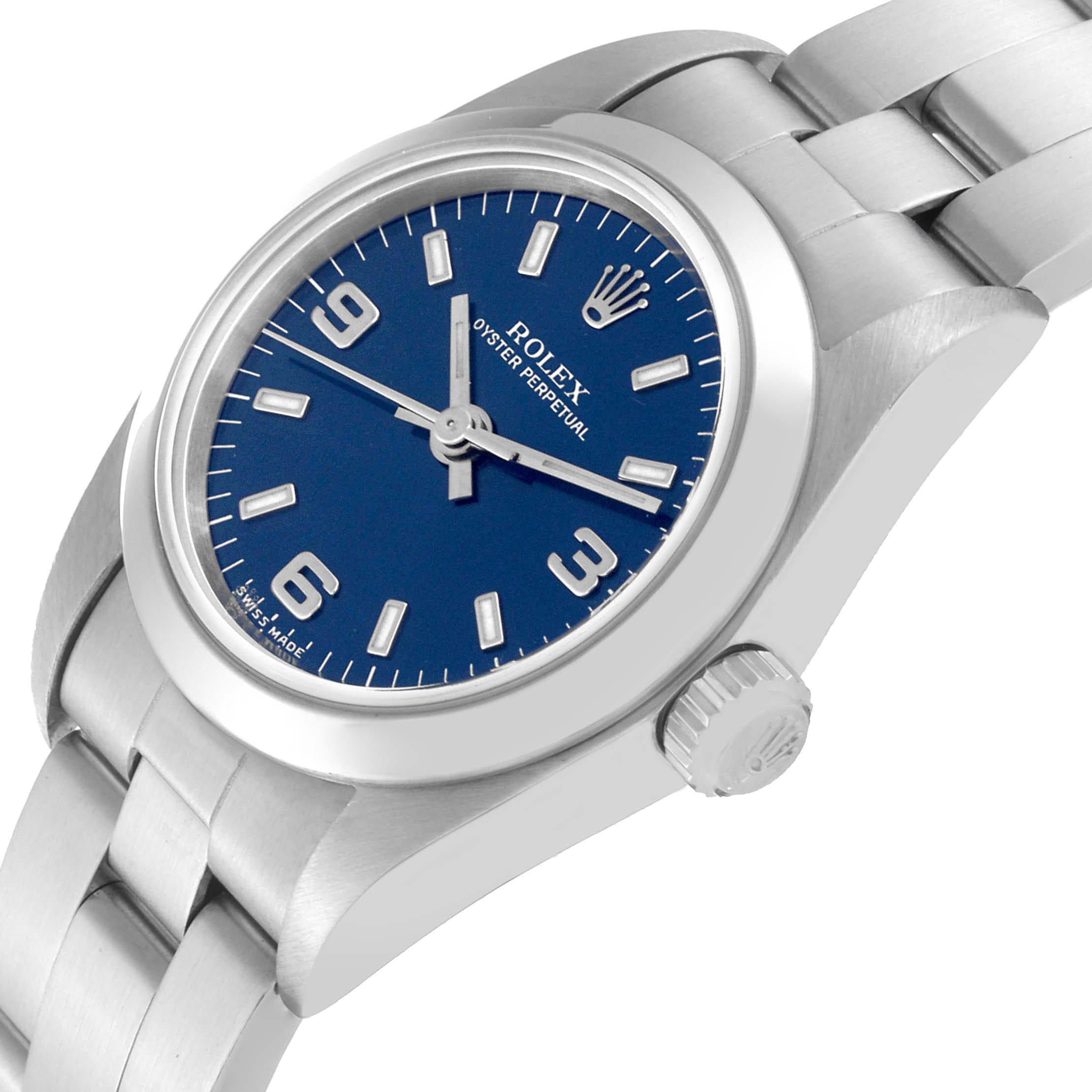 The image shows the dial, bezel, crown, and part of the bracelet of a Rolex Oyster Perpetual 76080 Women's Stainless Steel Blue Dial 76080 Women's Stainless Steel Blue Dial watch at a slight angle.