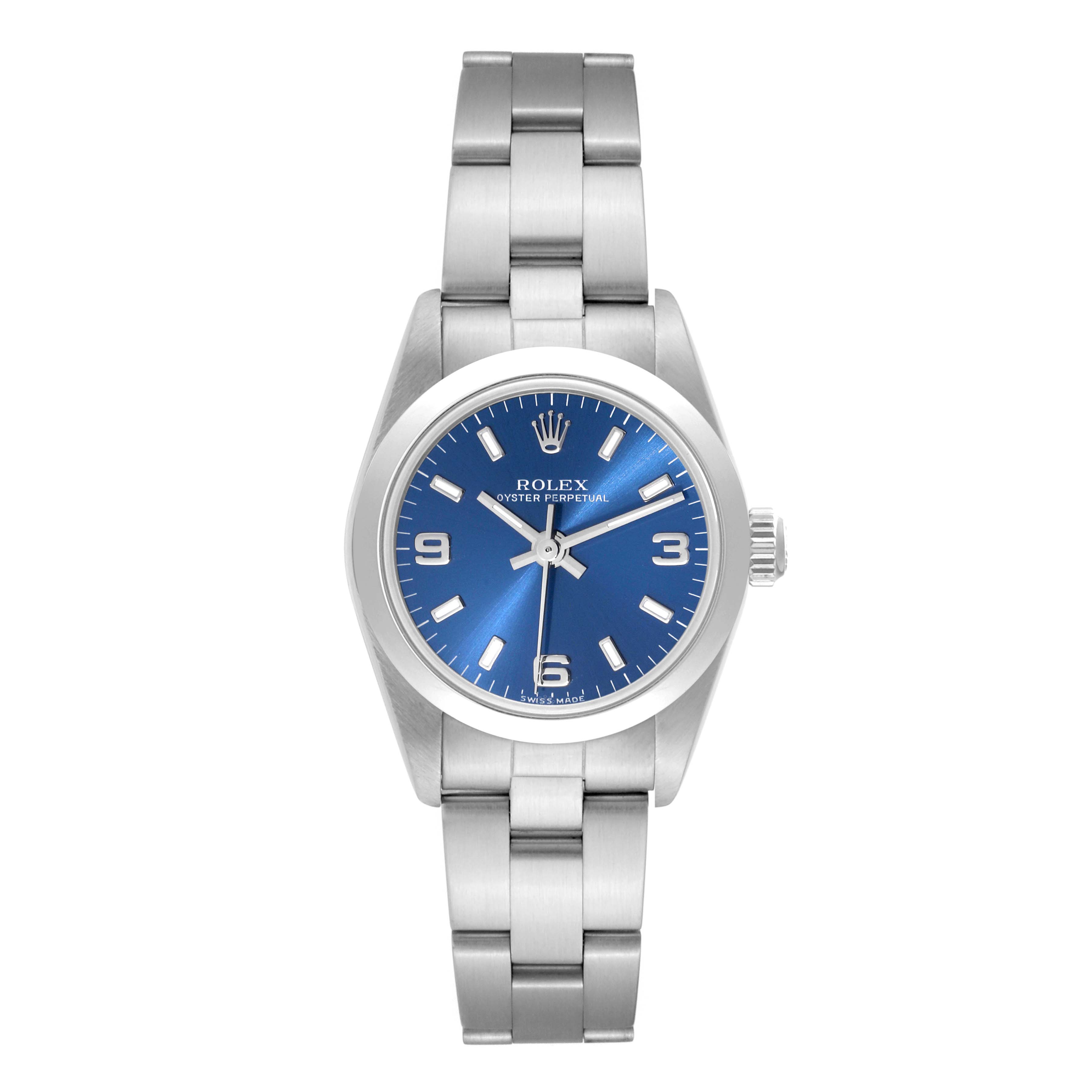 This image shows a front view of a Rolex Oyster Perpetual 76080 Women's Stainless Steel Blue Dial 76080 Women's Stainless Steel Blue Dial watch, displaying its dial, crown, and bracelet.