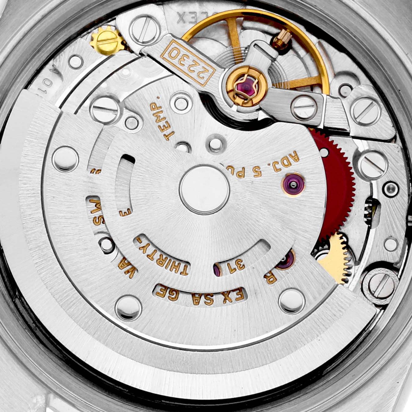 The image shows a close-up view of the internal mechanism of the Rolex Oyster Perpetual 76080 Women's Stainless Steel Blue Dial 76080 Women's Stainless Steel Blue Dial model.