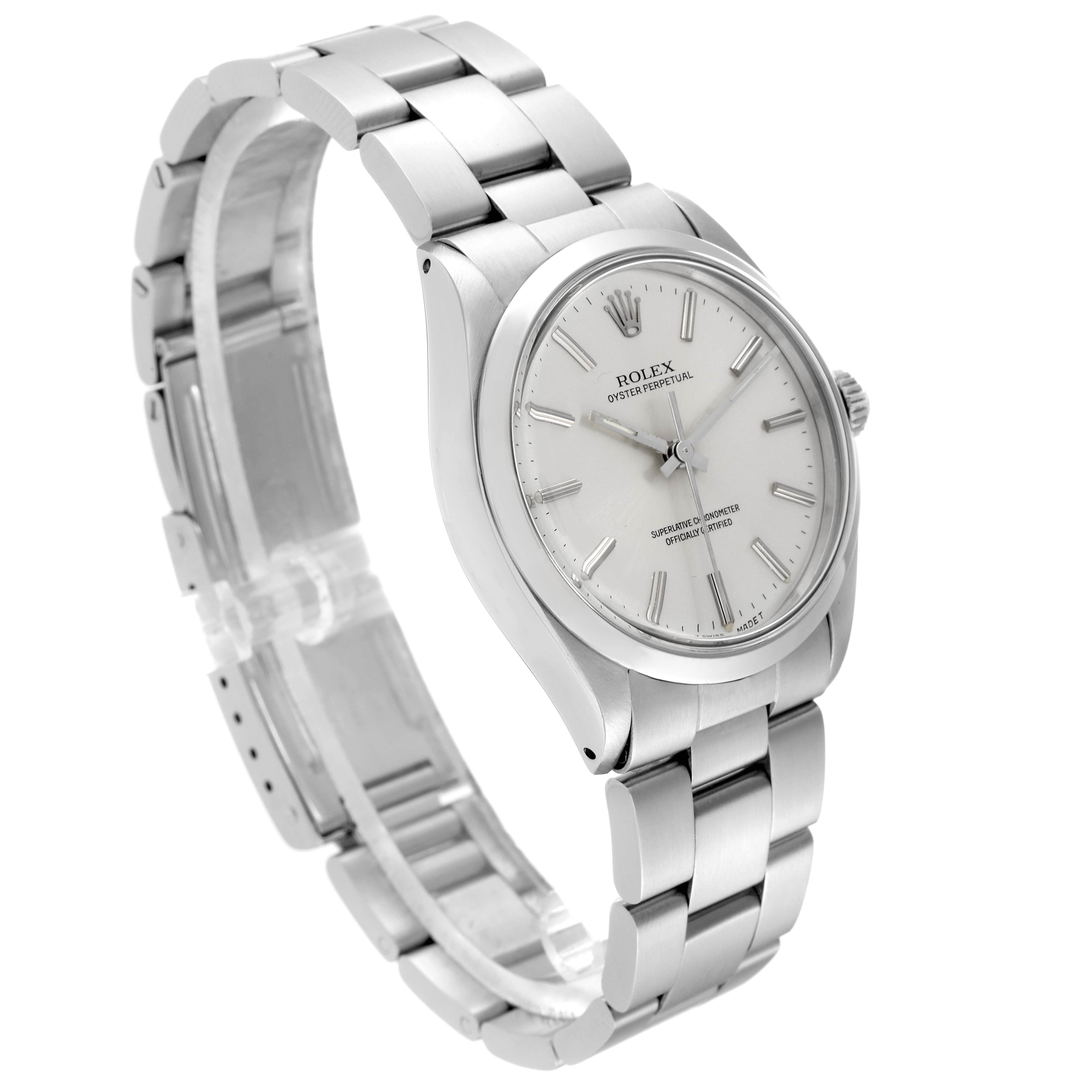 This image shows the front and side angles of a Rolex Vintage Collection 1002 Men's Stainless Steel Silver Dial 1002 Men's Stainless Steel Silver Dial watch, highlighting its face, bezel, and bracelet.