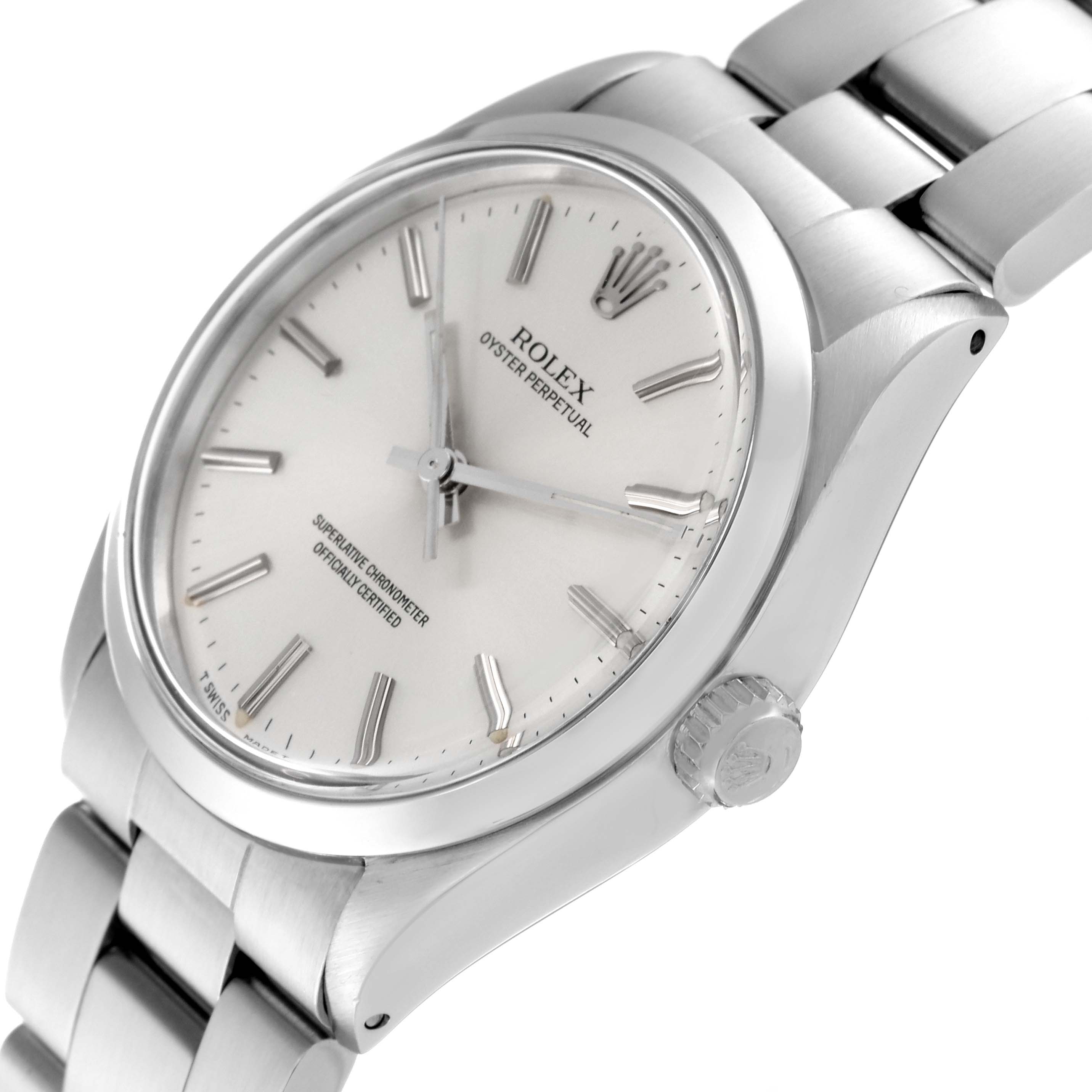 This image shows a close-up side angle of the Rolex Vintage Collection 1002 Men's Stainless Steel Silver Dial 1002 Men's Stainless Steel Silver Dial model, including the watch face, case, and part of the bracelet.
