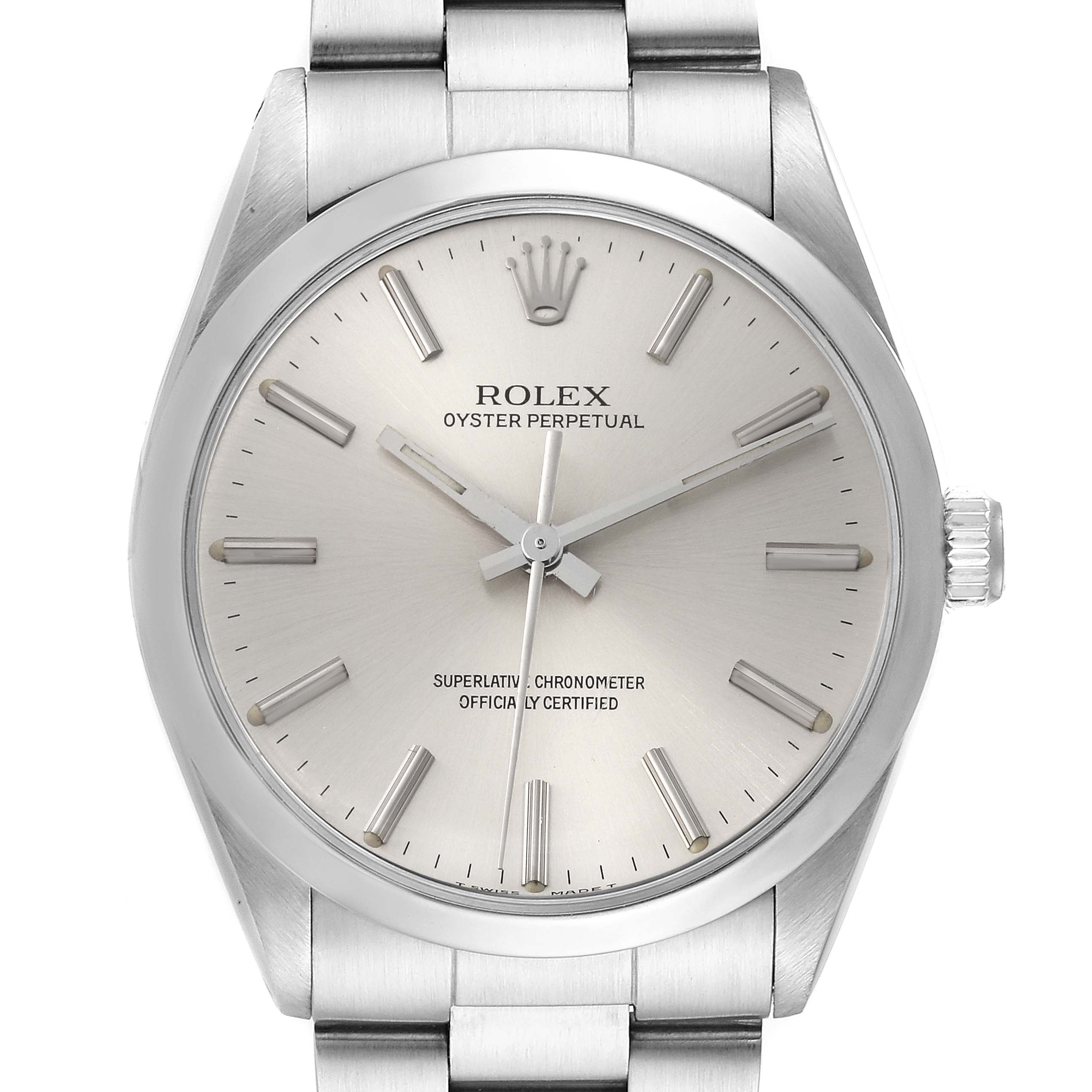 The image shows a front view of the face and bracelet of a Rolex Vintage Collection 1002 Men's Stainless Steel Silver Dial 1002 Men's Stainless Steel Silver Dial Oyster Perpetual watch.