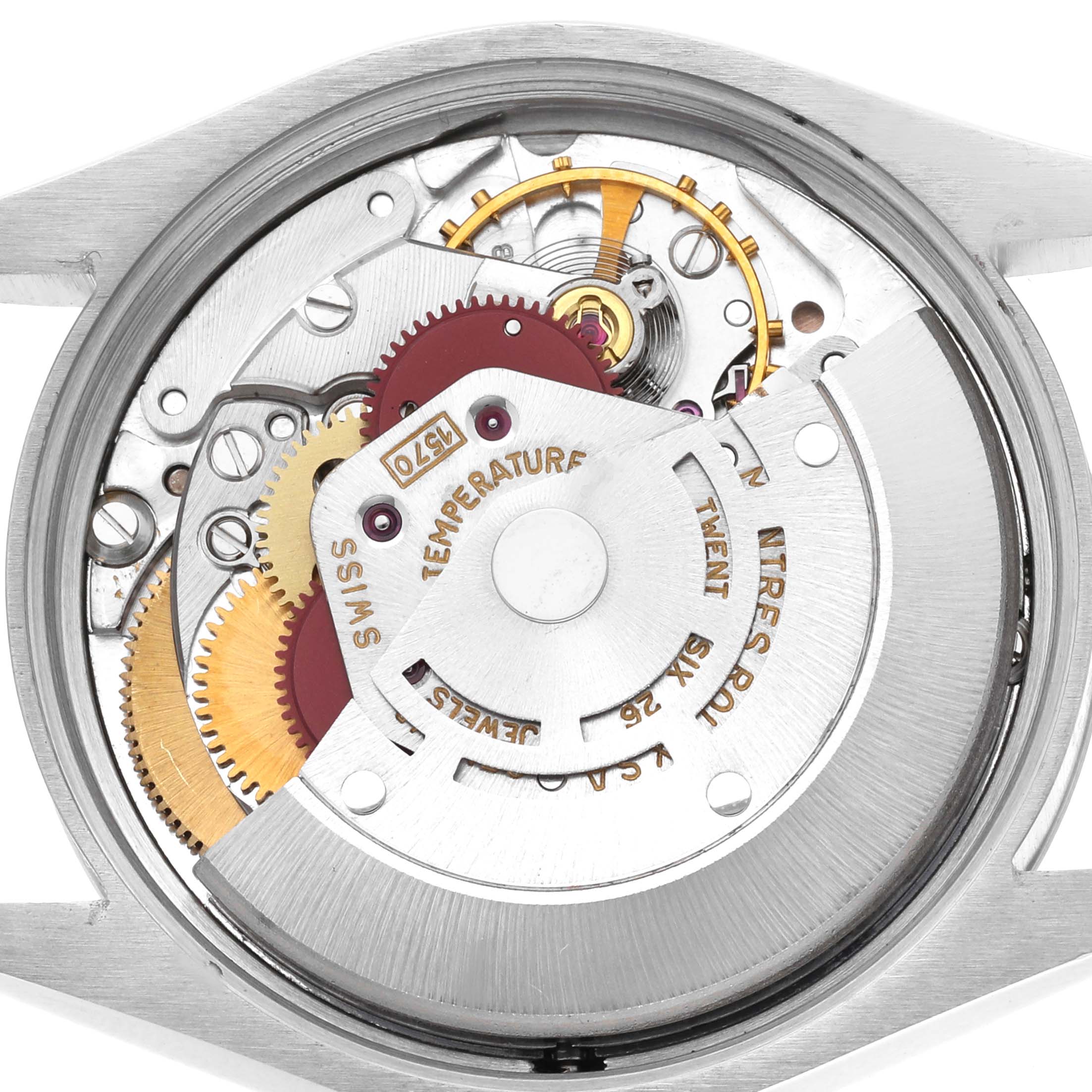 This image shows the internal mechanical components of a Rolex Vintage Collection 1002 Men's Stainless Steel Silver Dial 1002 Men's Stainless Steel Silver Dial model from a top-down view.