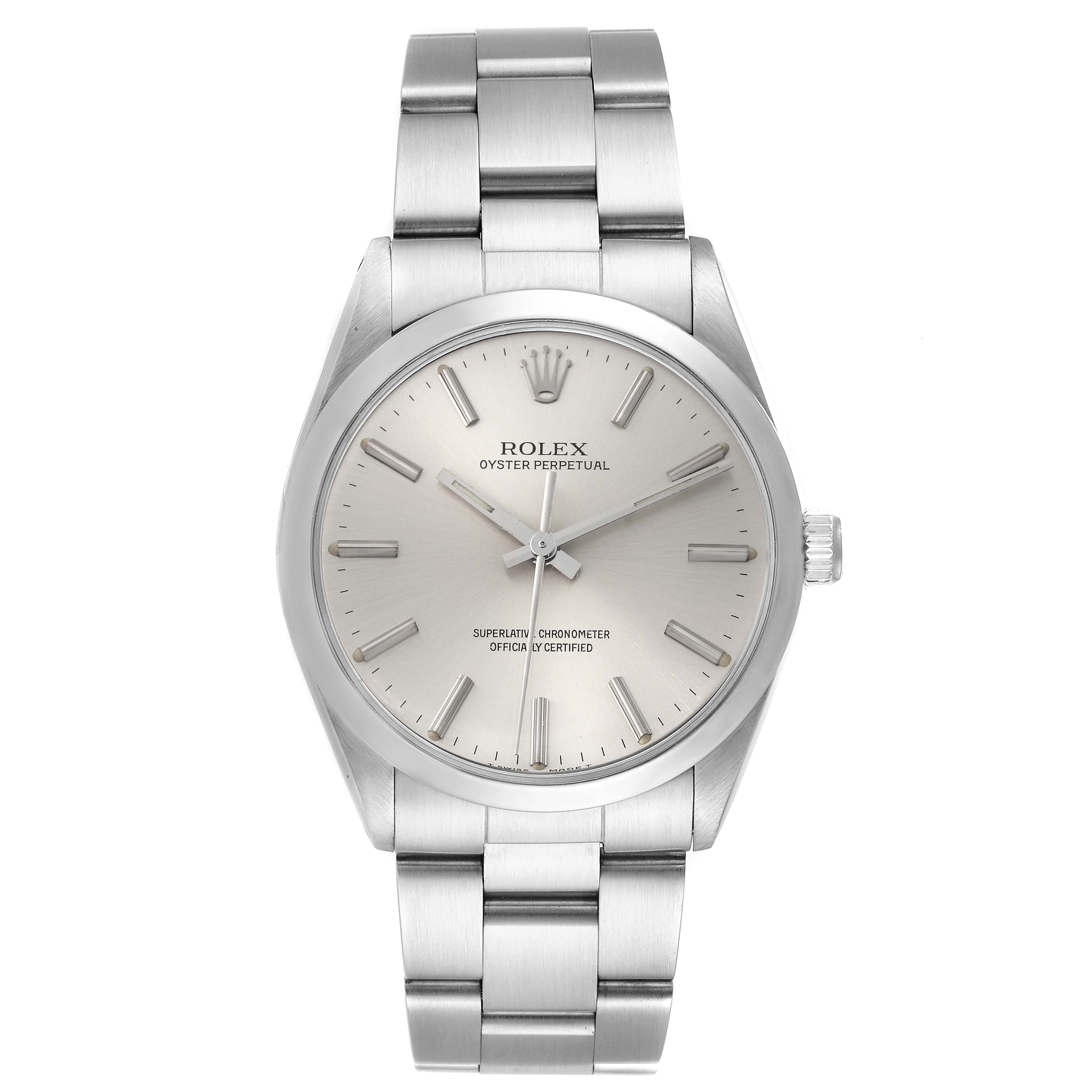 The image shows a front view of a Rolex Vintage Collection 1002 Men's Stainless Steel Silver Dial 1002 Men's Stainless Steel Silver Dial Oyster Perpetual watch with a metal bracelet and a silver dial.