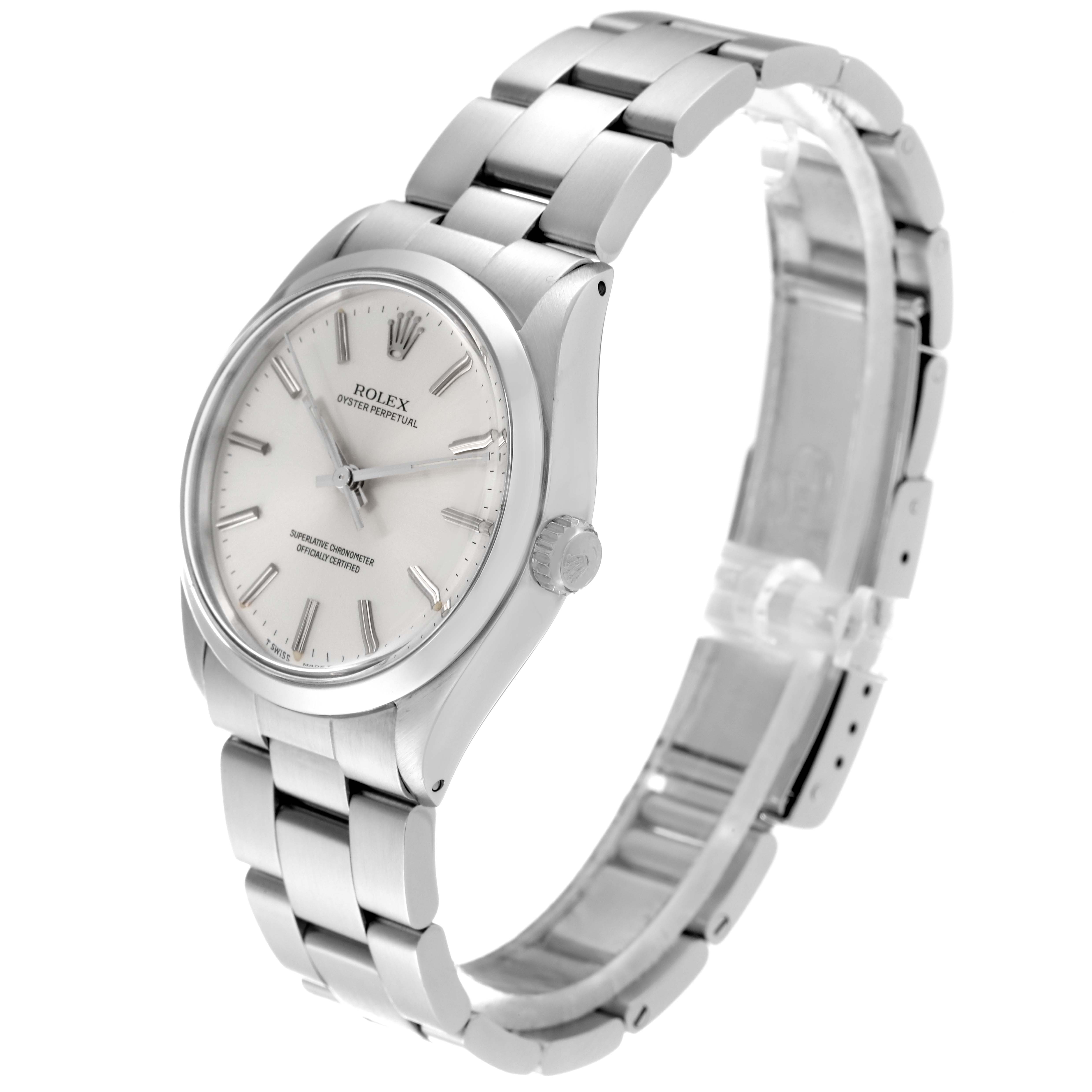 This Rolex Vintage Collection 1002 Men's Stainless Steel Silver Dial 1002 Men's Stainless Steel Silver Dial watch is shown at a slight side angle, highlighting the dial, bezel, crown, and stainless steel bracelet.