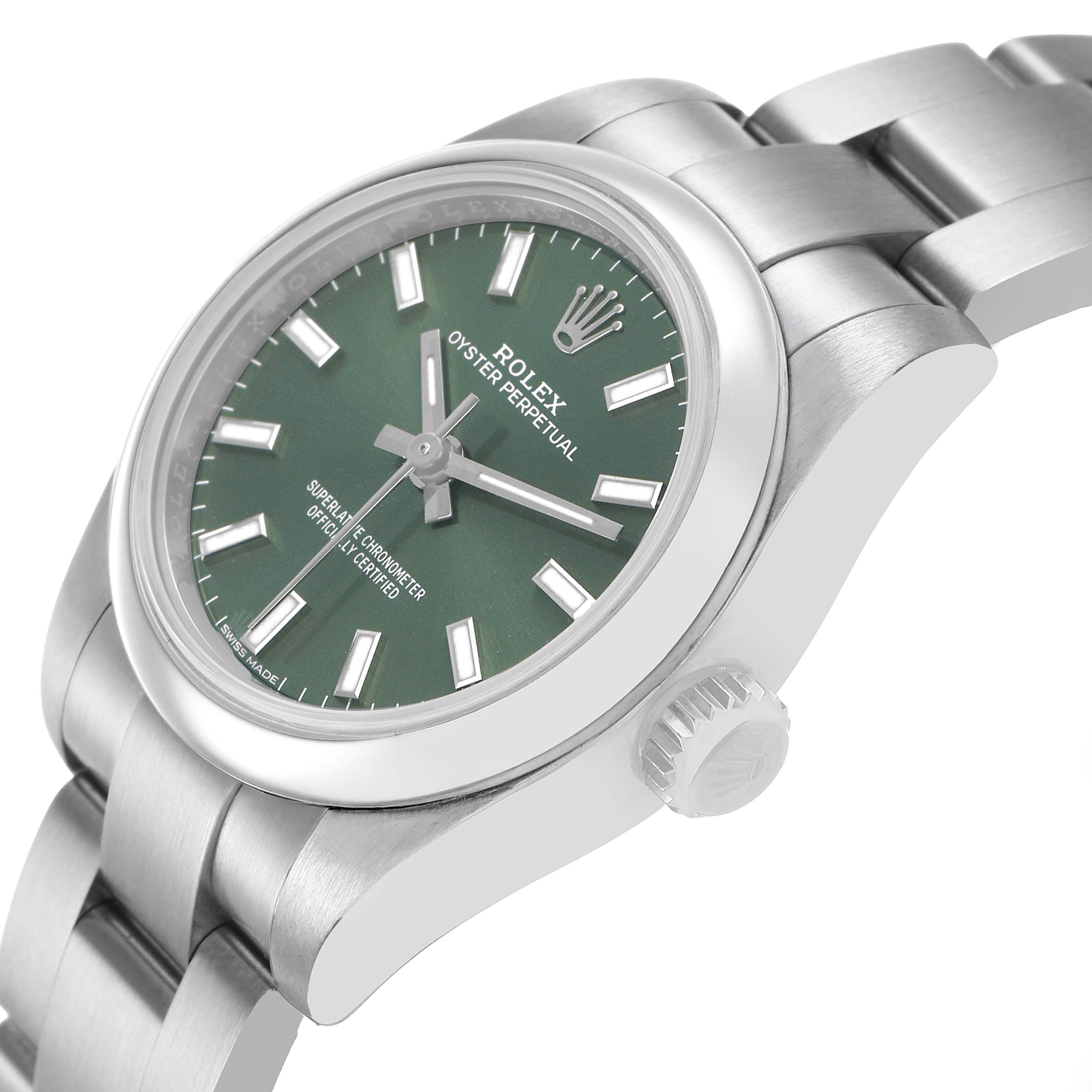 The Rolex Oyster Perpetual 176200 Women's Stainless Steel Green Dial watch is shown from a side angle, featuring the case, bracelet, and dial with a visible crown.