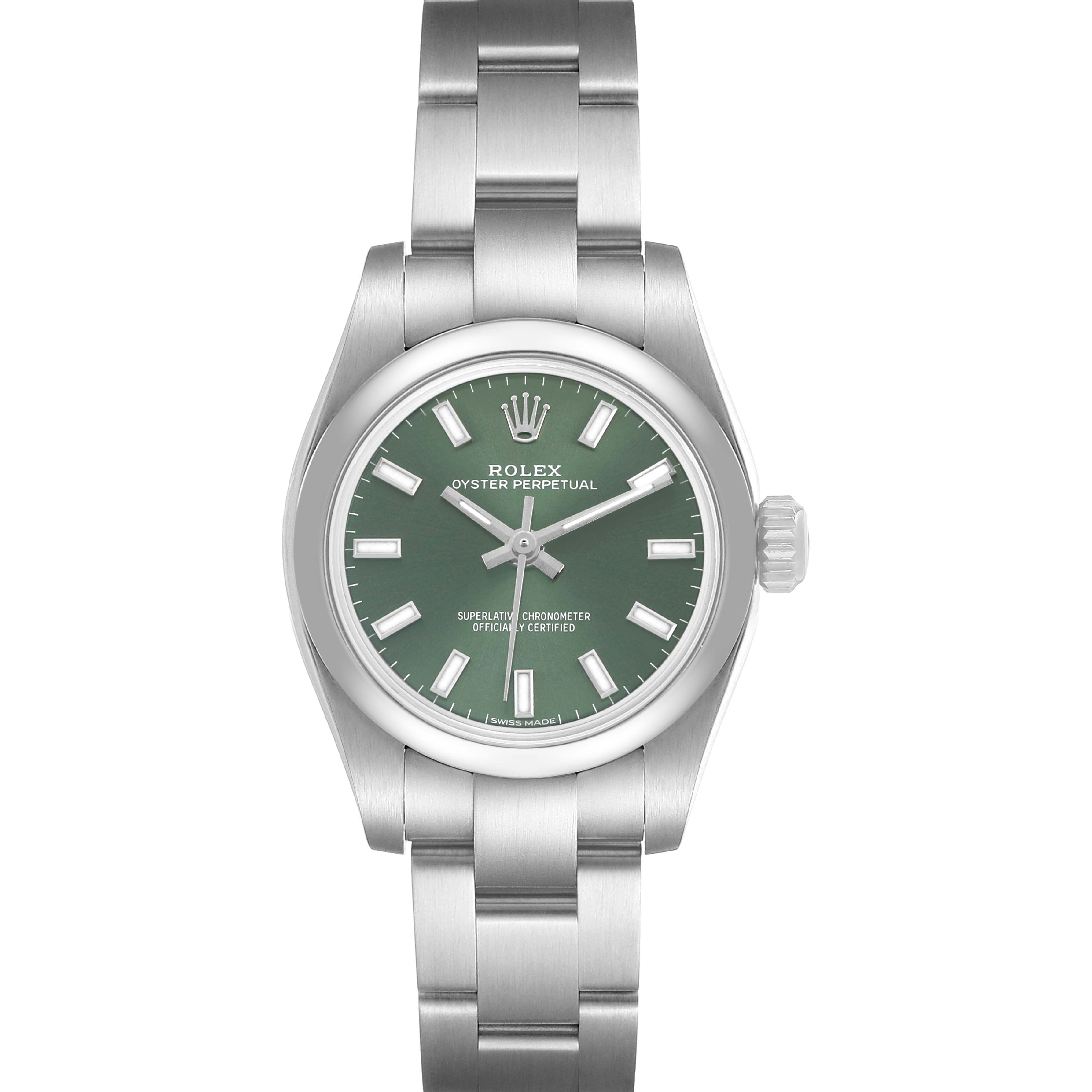 The Rolex Oyster Perpetual 176200 Women's Stainless Steel Green Dial watch is shown from a front angle, displaying the entire dial, bracelet, and crown.