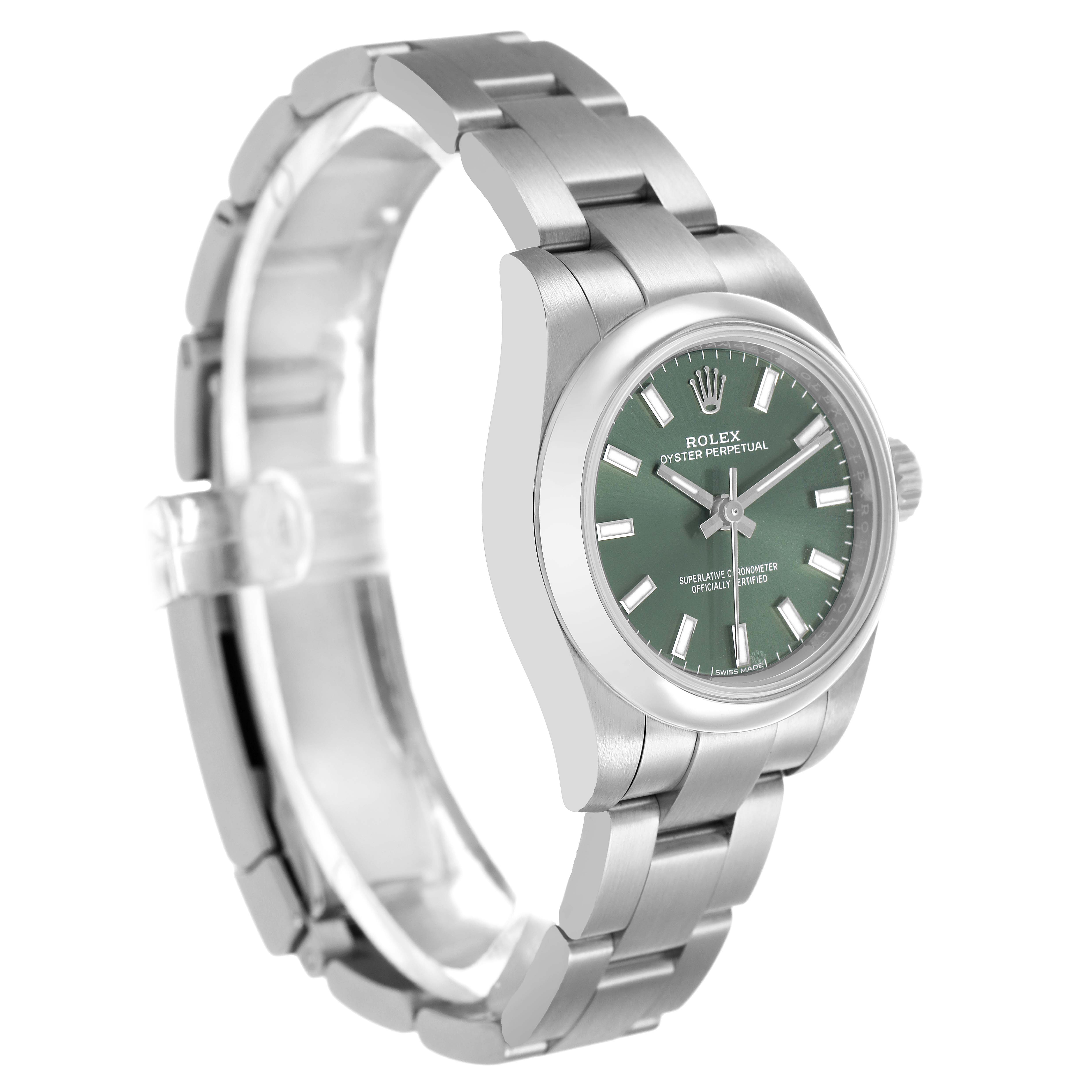 The Rolex Oyster Perpetual 176200 Women's Stainless Steel Green Dial watch is shown at an angle highlighting the dial, bezel, and part of the bracelet.