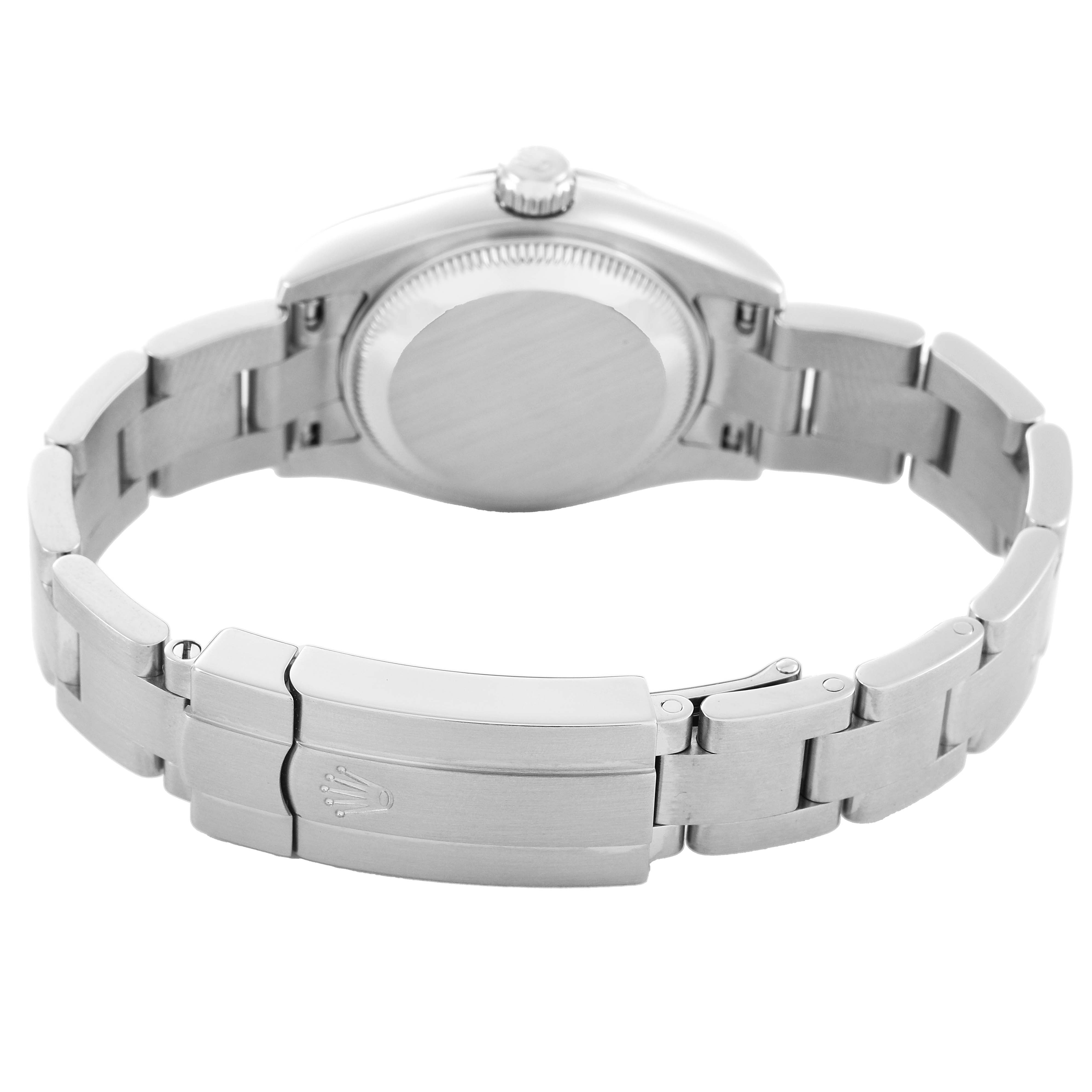 The image shows the back and bracelet of a Rolex Oyster Perpetual 176200 Women's Stainless Steel Green Dial watch at an angled view, highlighting the clasp and caseback.