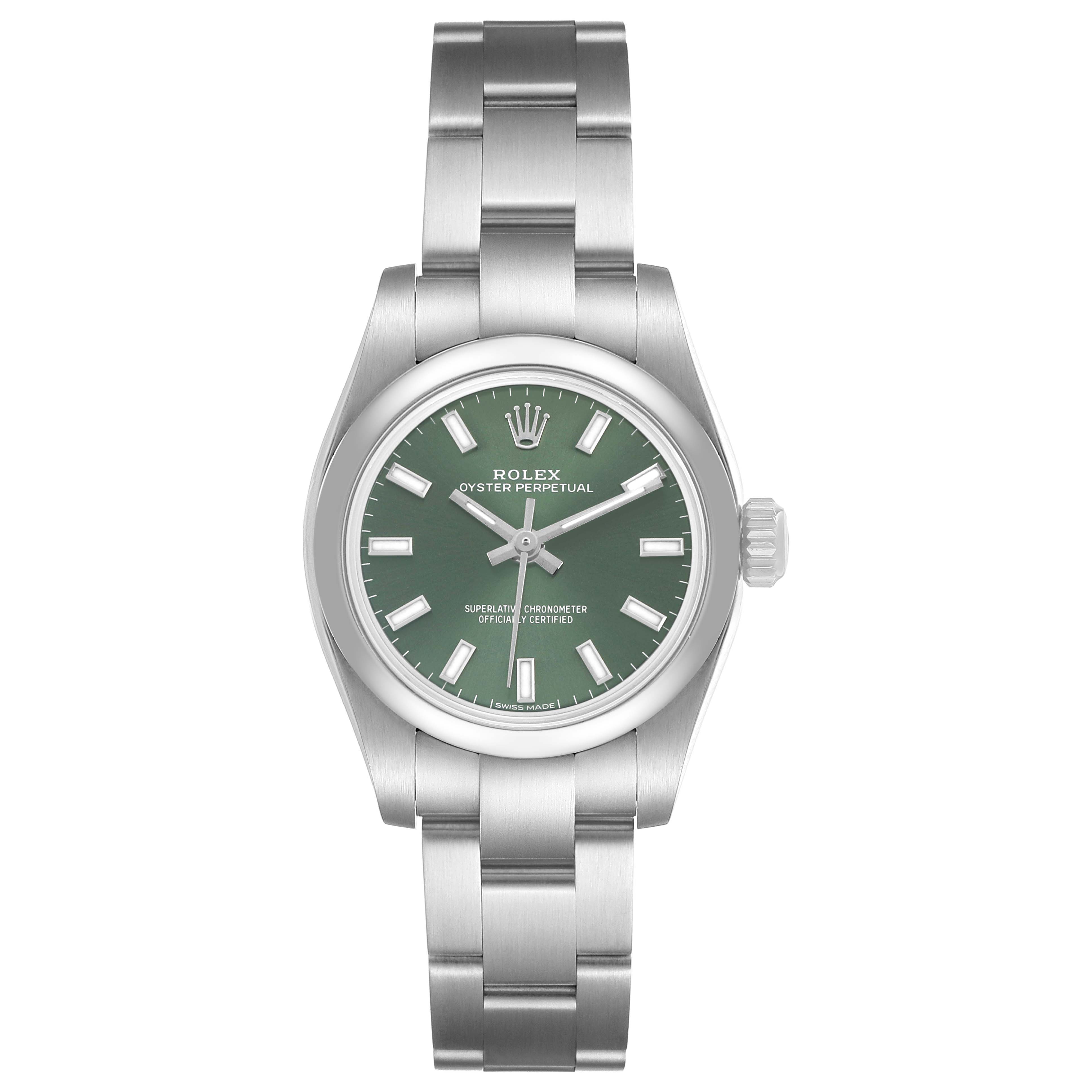 The Rolex Oyster Perpetual 176200 Women's Stainless Steel Green Dial watch is shown from a front angle, displaying the green dial and stainless steel bracelet.