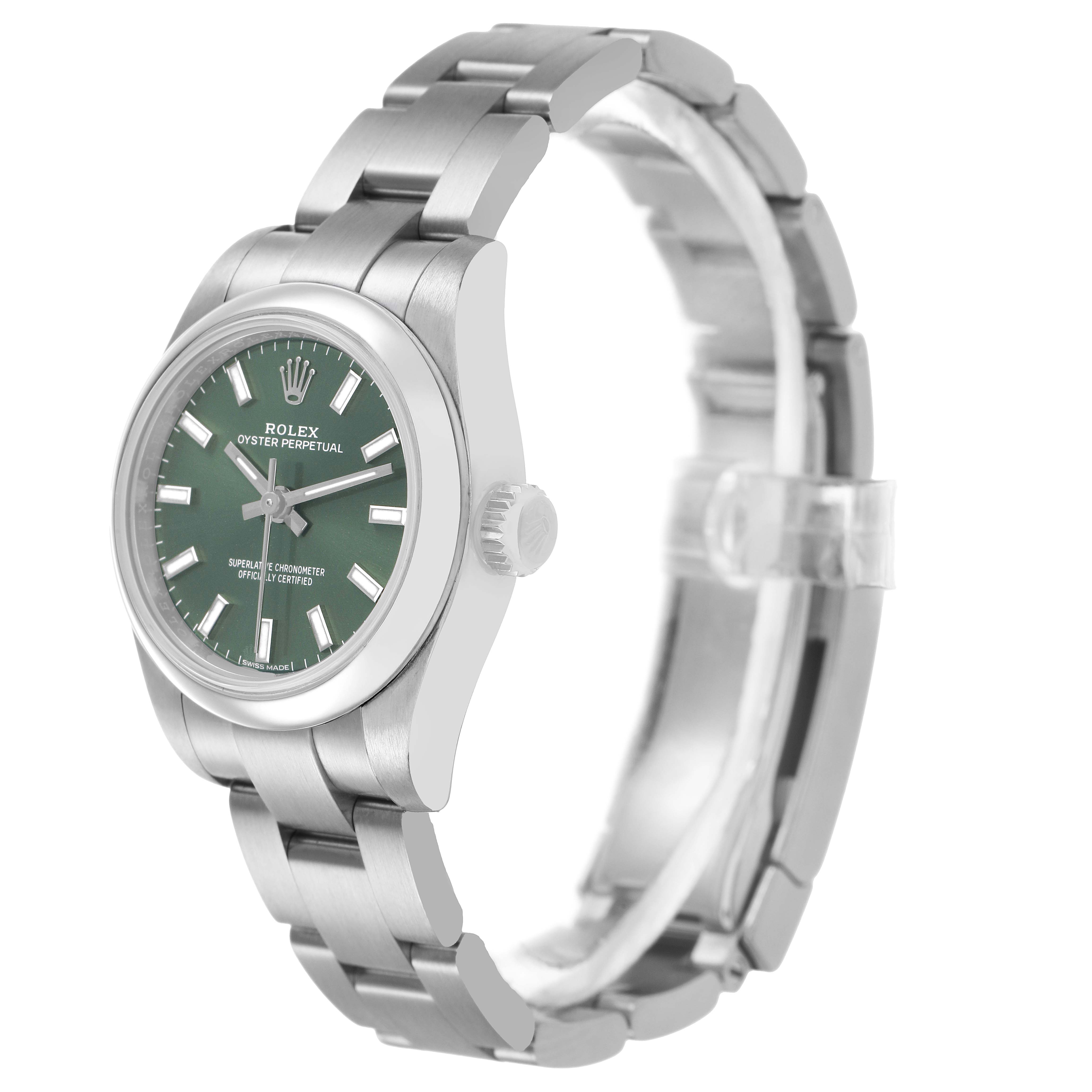 The Rolex Oyster Perpetual 176200 Women's Stainless Steel Green Dial watch is shown at a three-quarter angle, highlighting the green dial, bezel, crown, and bracelet.