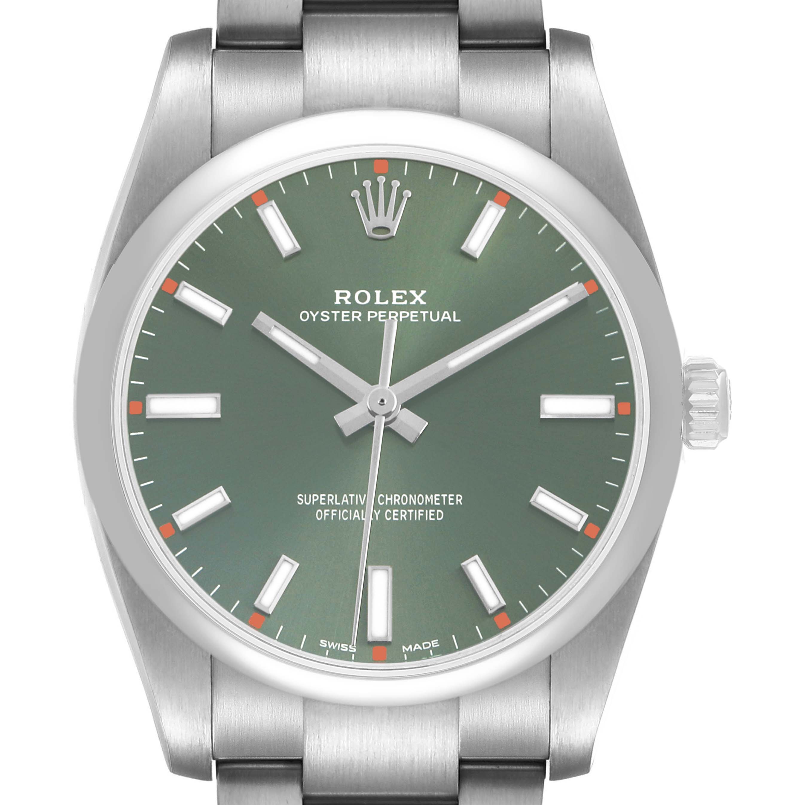 The Rolex Oyster Perpetual 114200 Men's Stainless Steel Green Dial watch is shown from the front, displaying its green dial, hands, indices, and part of the bracelet.