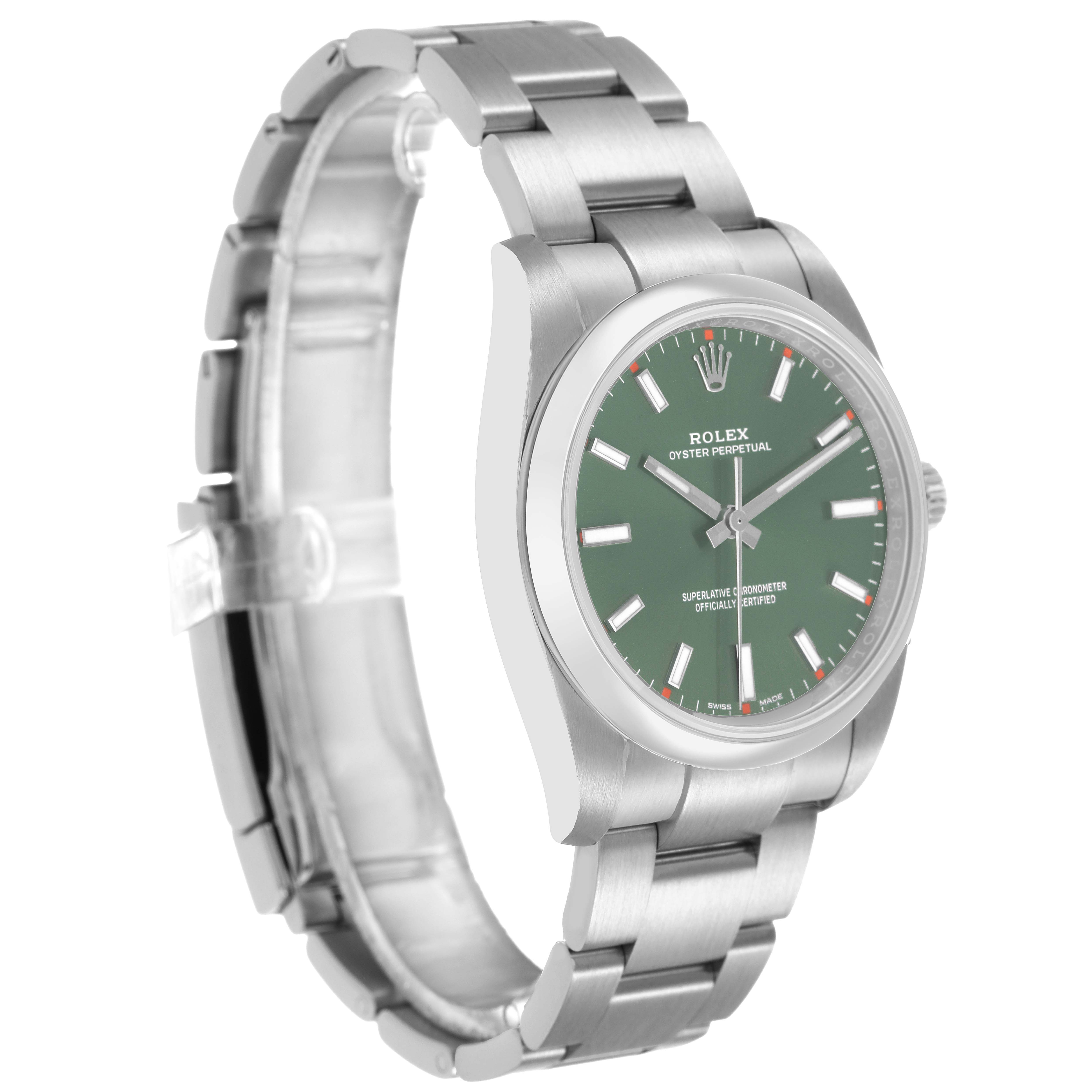The Rolex Oyster Perpetual 114200 Men's Stainless Steel Green Dial watch is shown at a slight angle, highlighting the face, bezel, and partial bracelet.