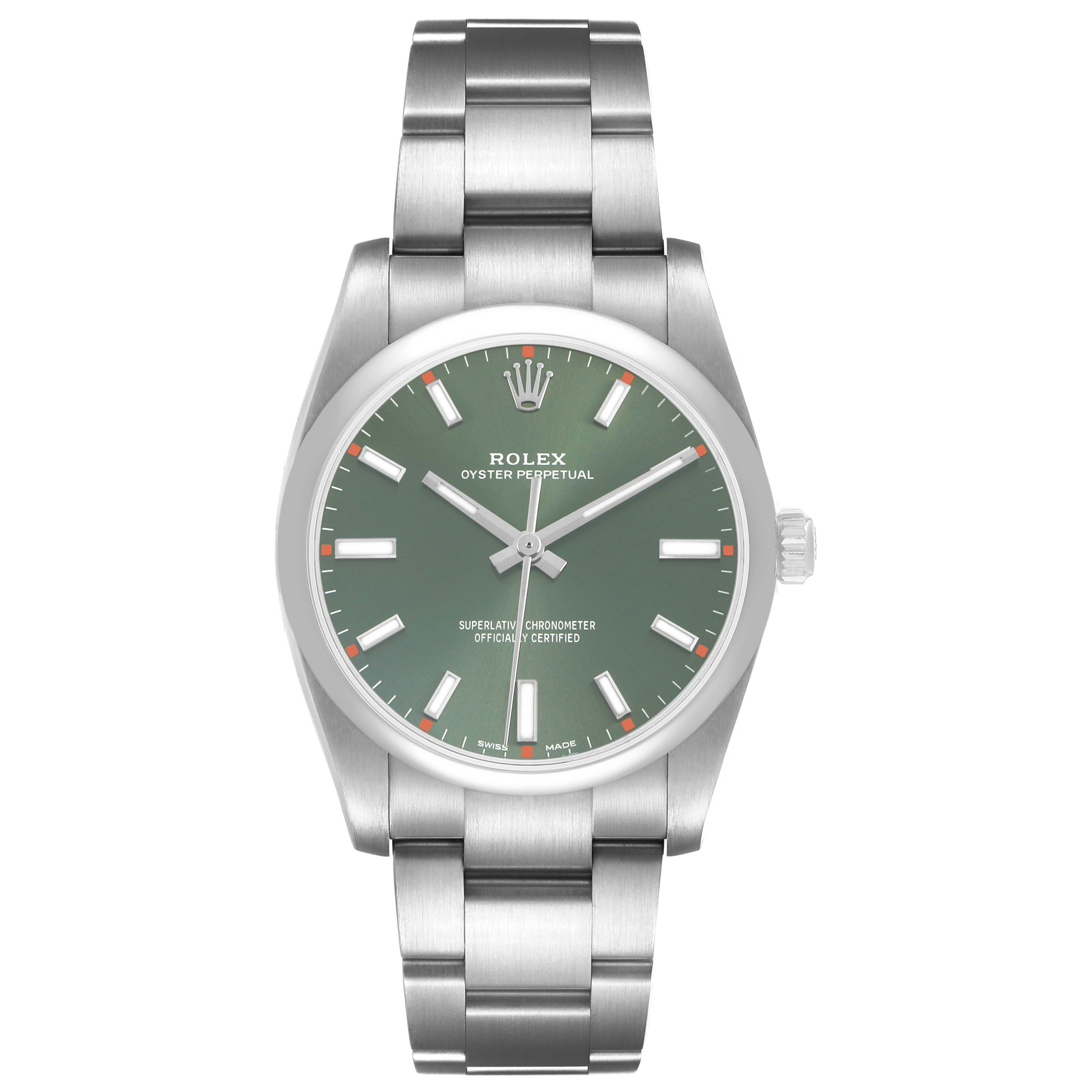 The Rolex Oyster Perpetual 114200 Men's Stainless Steel Green Dial watch is shown face-up, highlighting its green dial, hands, markers, and metal bracelet.