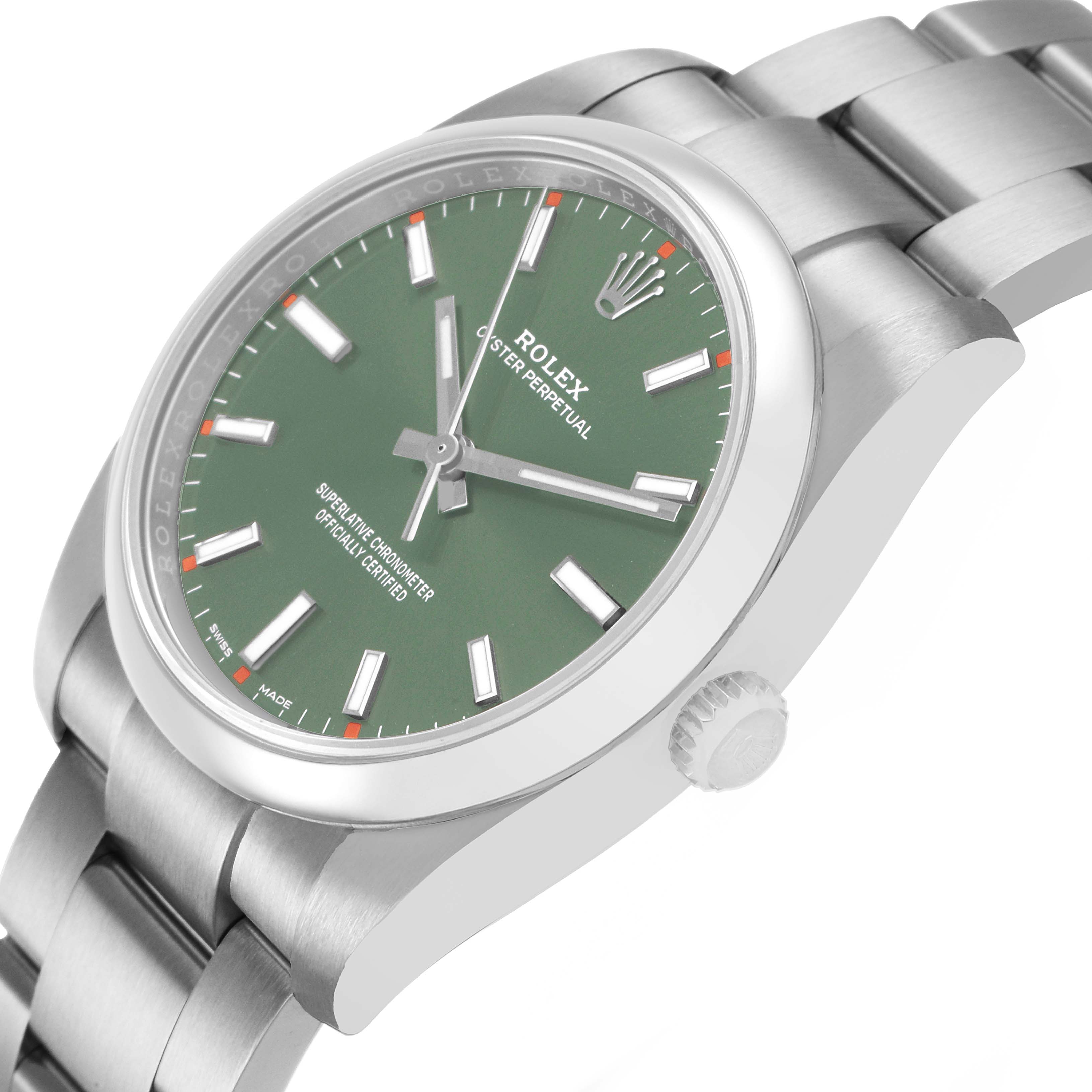 The Rolex Oyster Perpetual 114200 Men's Stainless Steel Green Dial watch is shown at a slight angle, highlighting the green dial, crown, and bracelet links.