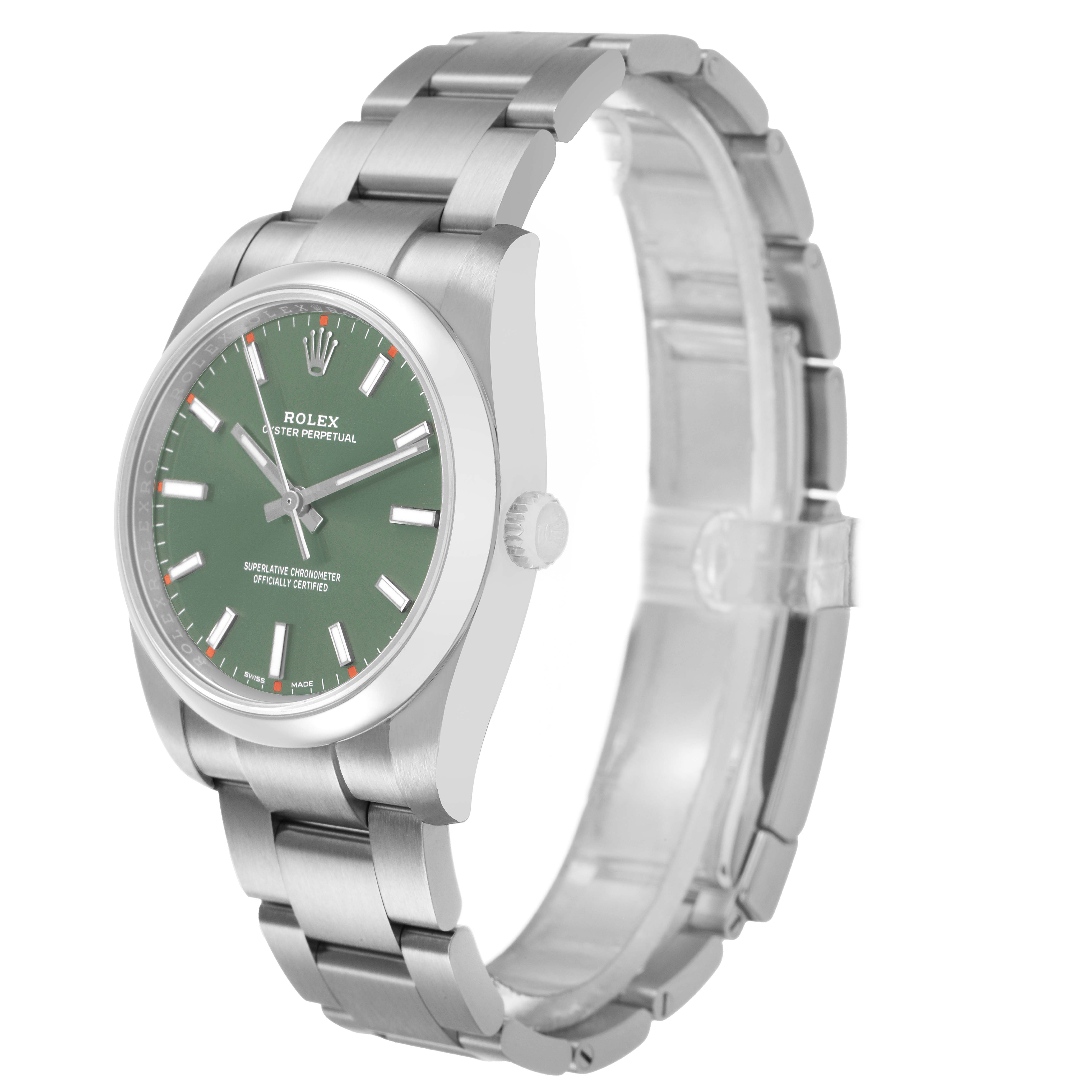 The Rolex Oyster Perpetual 114200 Men's Stainless Steel Green Dial watch is shown at a slight angle, highlighting the dial, case, crown, and bracelet.
