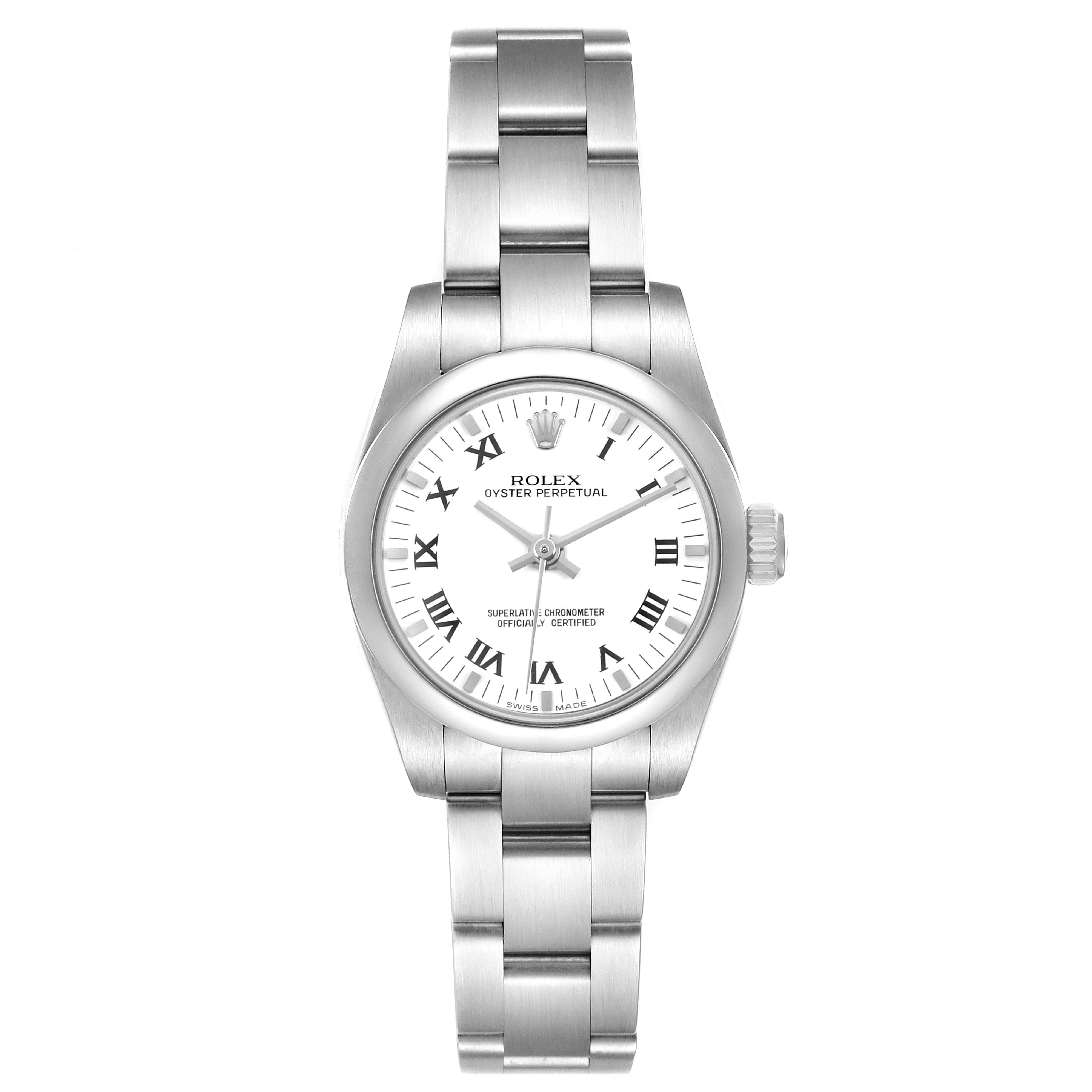 The Rolex Oyster Perpetual 176200 Women's Stainless Steel White Dial watch is shown from a front view, displaying its dial, bracelet, and crown.