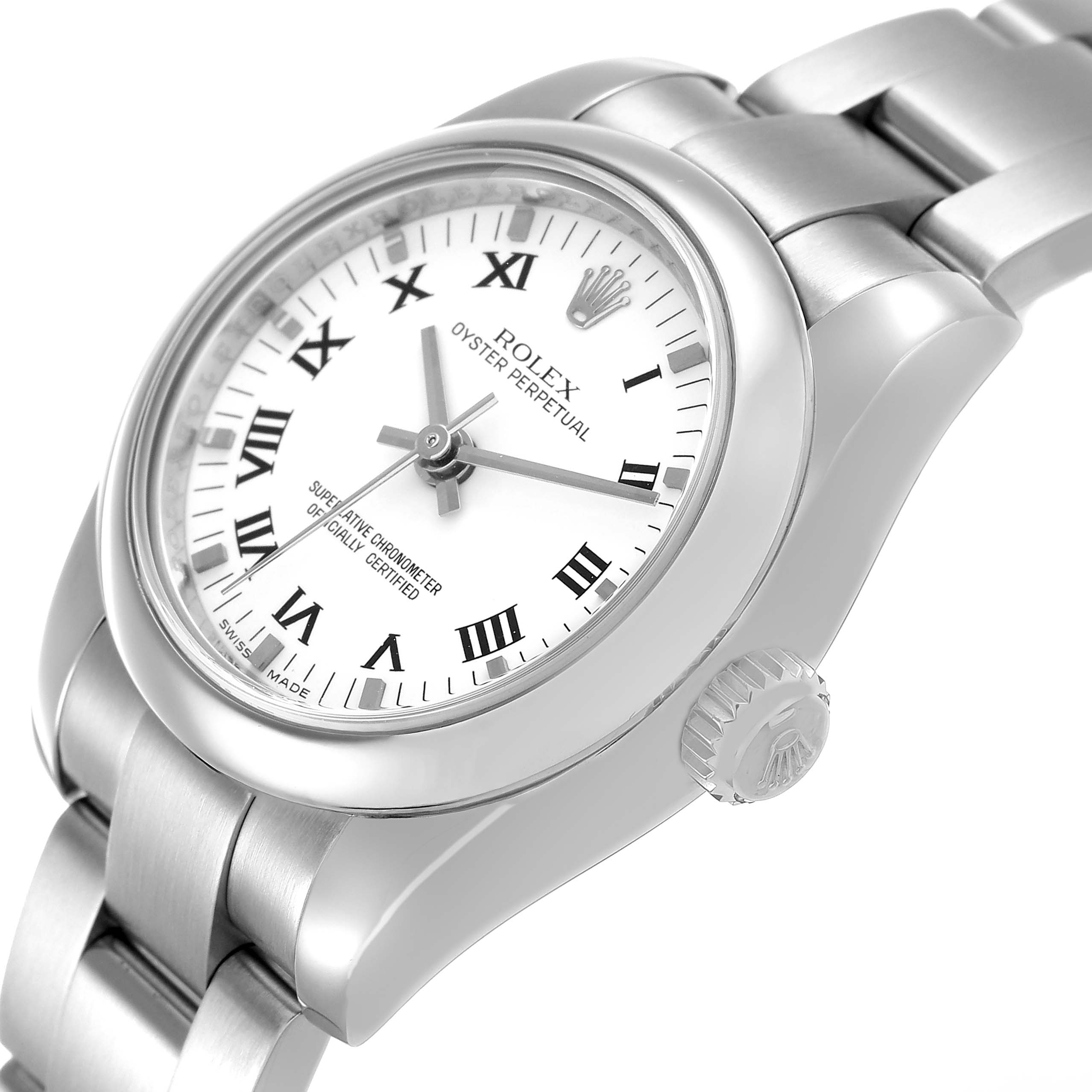 The Rolex Oyster Perpetual 176200 Women's Stainless Steel White Dial watch is shown at an angled view, highlighting the face, bezel, crown, and part of the bracelet.