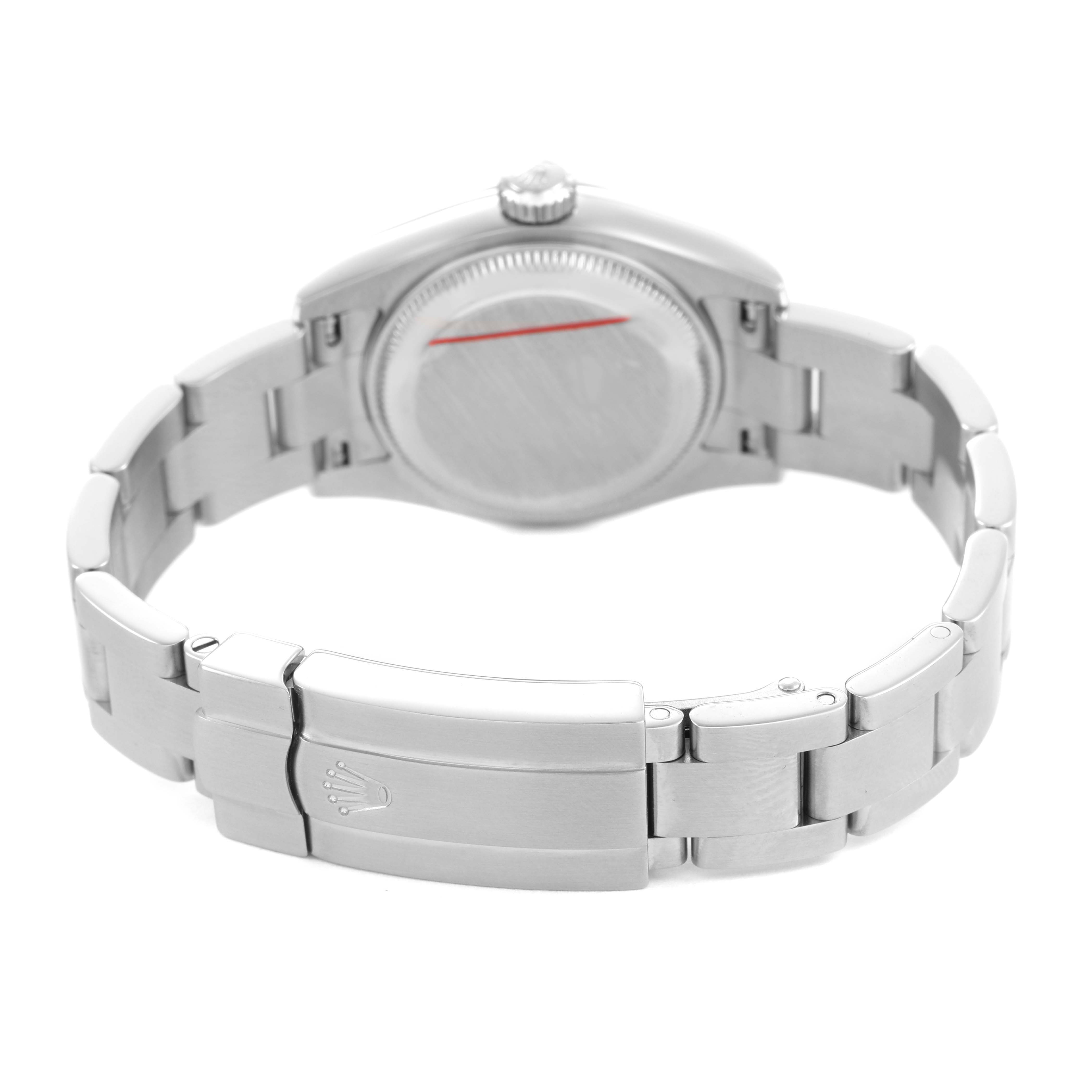 The image shows the back and bracelet clasp of the Rolex Oyster Perpetual 176200 Women's Stainless Steel White Dial watch, highlighting its polished metal finish.