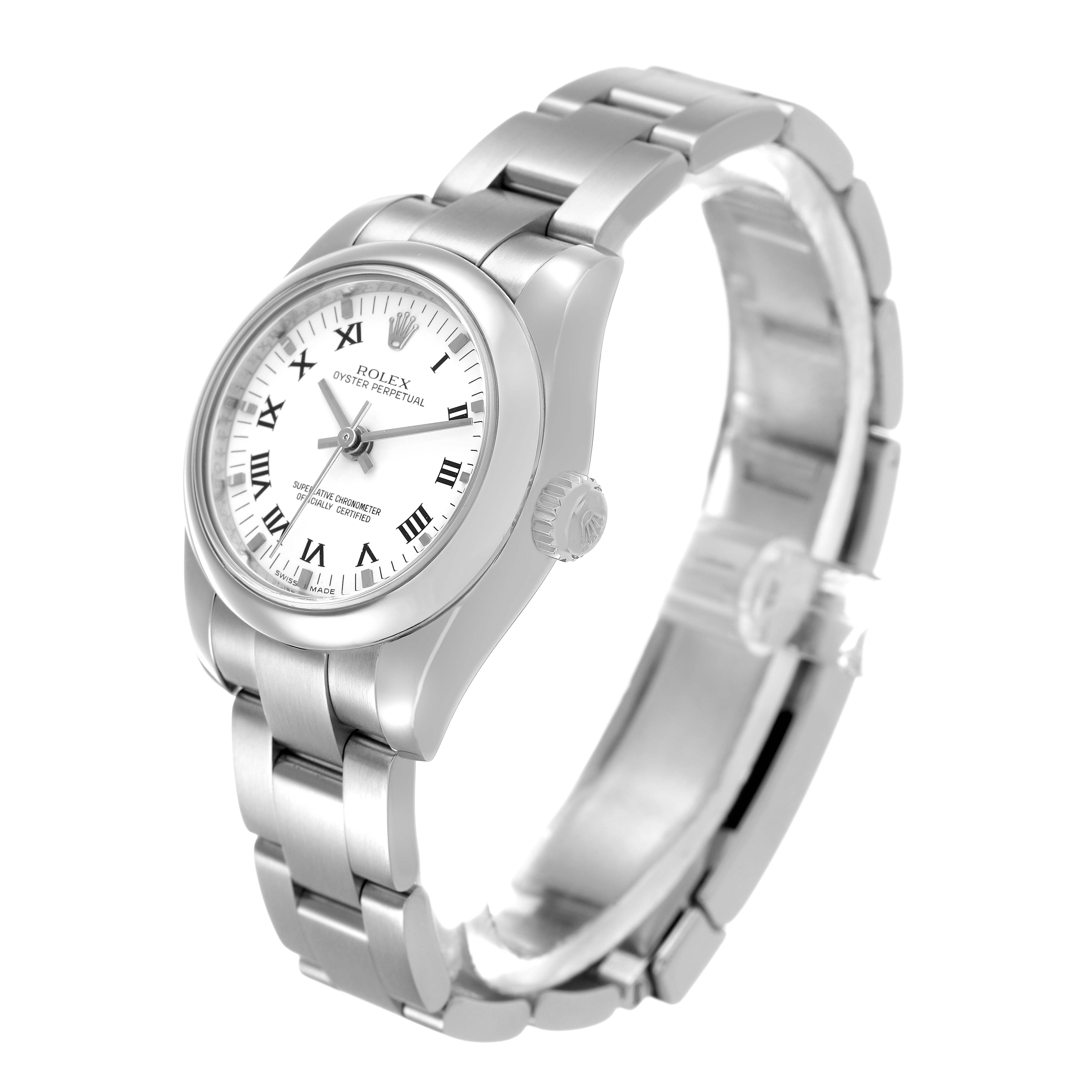 The Rolex Oyster Perpetual 176200 Women's Stainless Steel White Dial watch is shown at a three-quarter angle, highlighting the face, bezel, and bracelet.