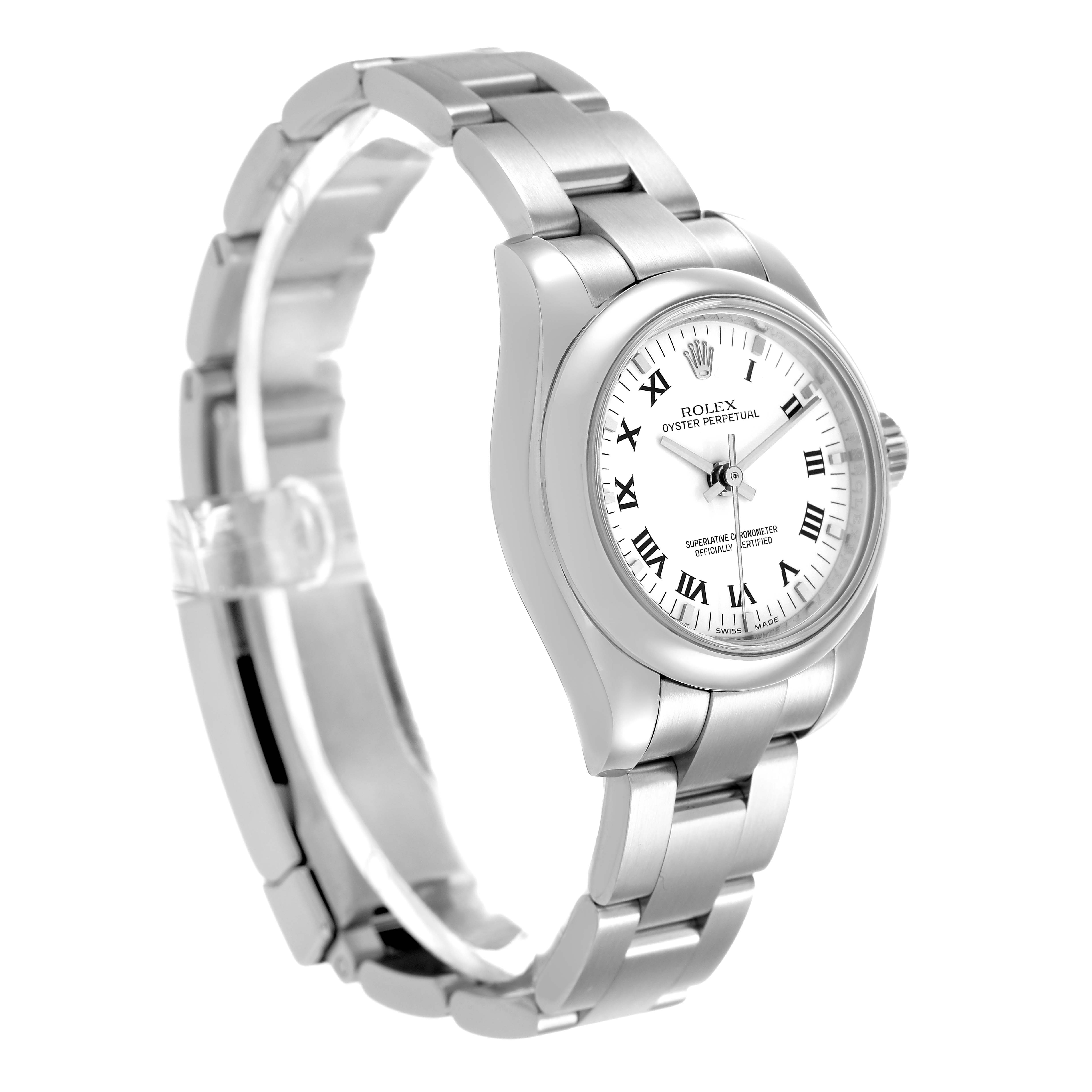 The Rolex Oyster Perpetual 176200 Women's Stainless Steel White Dial watch is shown at a three-quarter angle, displaying the dial, bezel, crown, and bracelet.