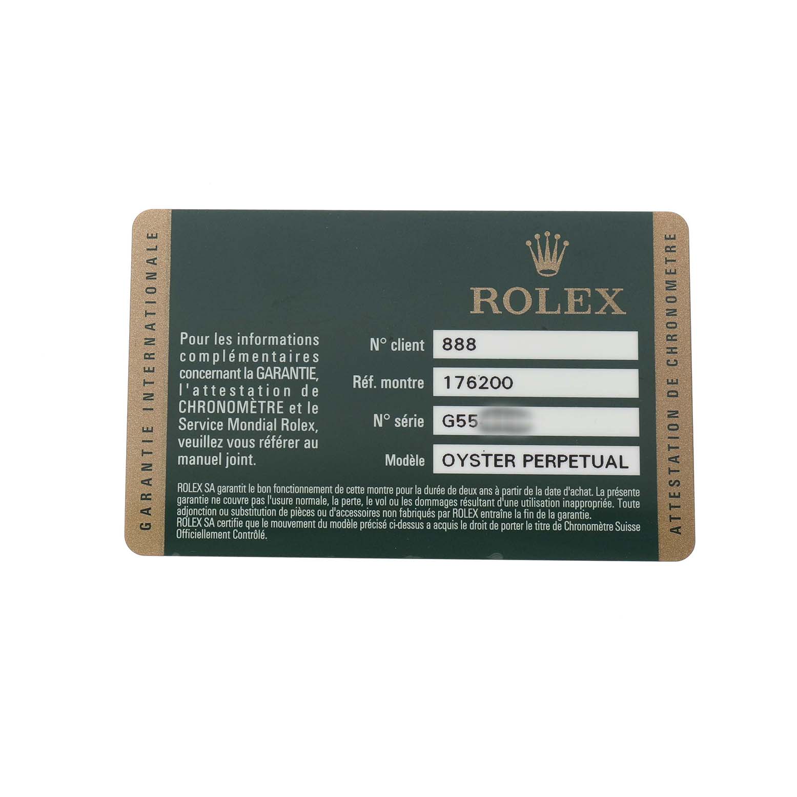 The image shows a warranty card for the Rolex Oyster Perpetual 176200 Women's Stainless Steel White Dial model, displaying client, reference, and serial numbers.