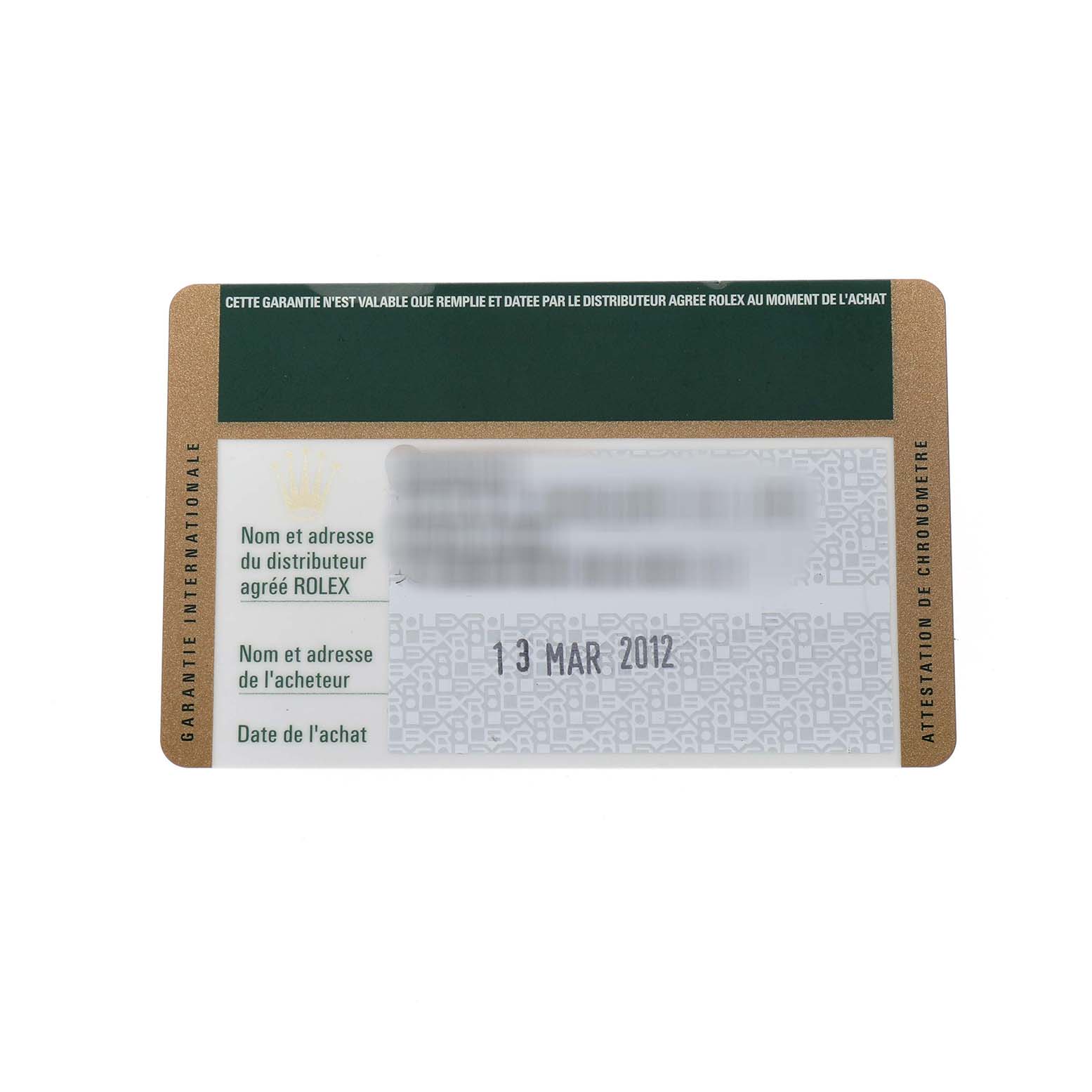 This image shows a warranty card for the Rolex Oyster Perpetual 176200 Women's Stainless Steel White Dial, featuring purchase details.