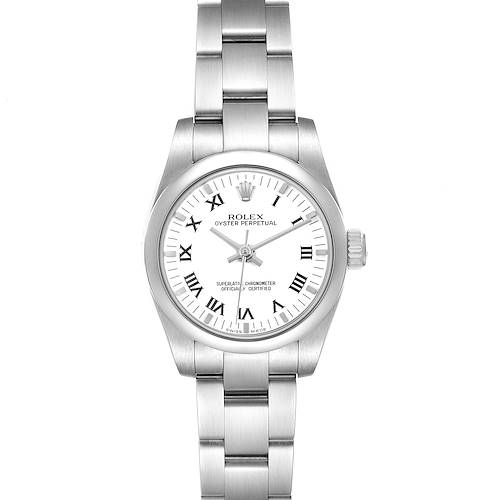 The Rolex Oyster Perpetual 176200 Women's Stainless Steel White Dial watch is shown face-on, displaying the dial, hands, bracelet, and crown.