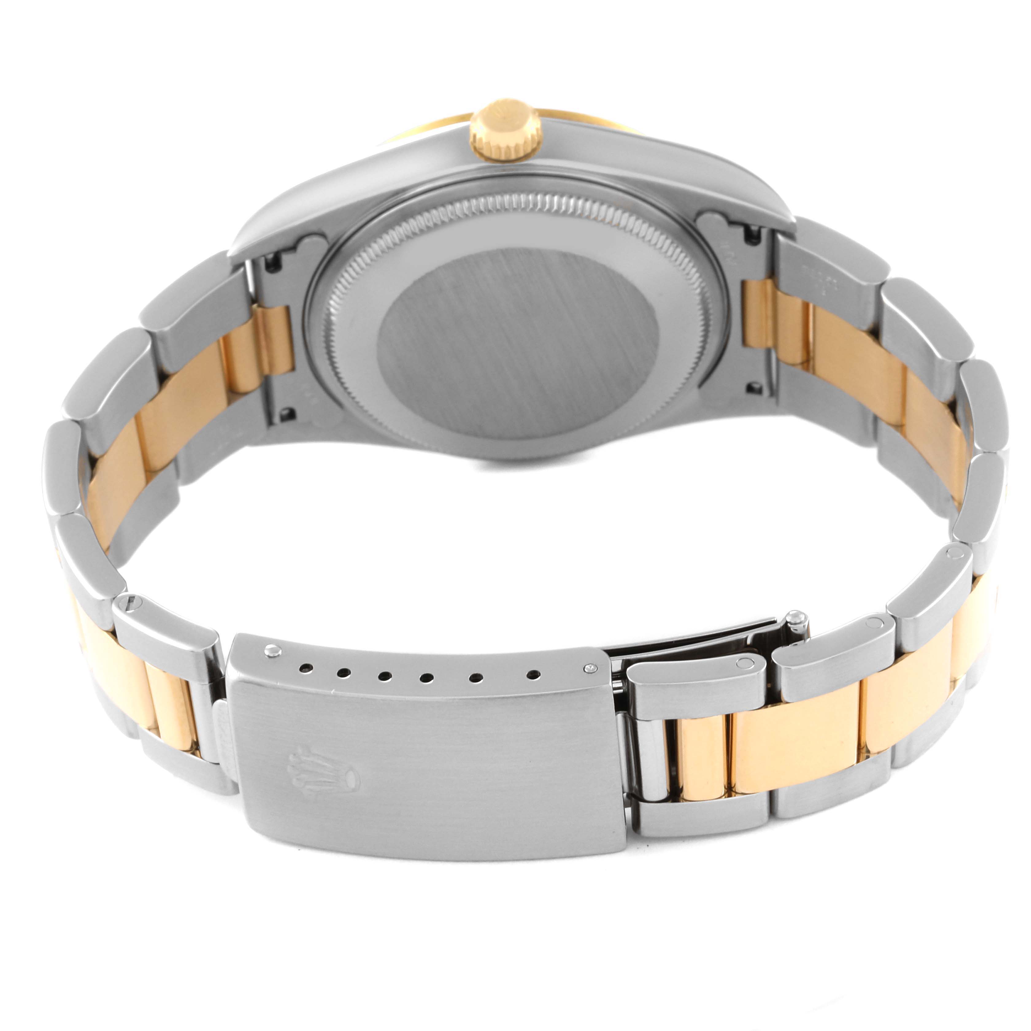 This image shows the back view of a Rolex Oyster Perpetual 14203 Men's Steel and Gold (two tone) Grey Dial 14203 Men's Steel and Gold (two tone) Grey Dial watch, highlighting the case back and the bracelet.