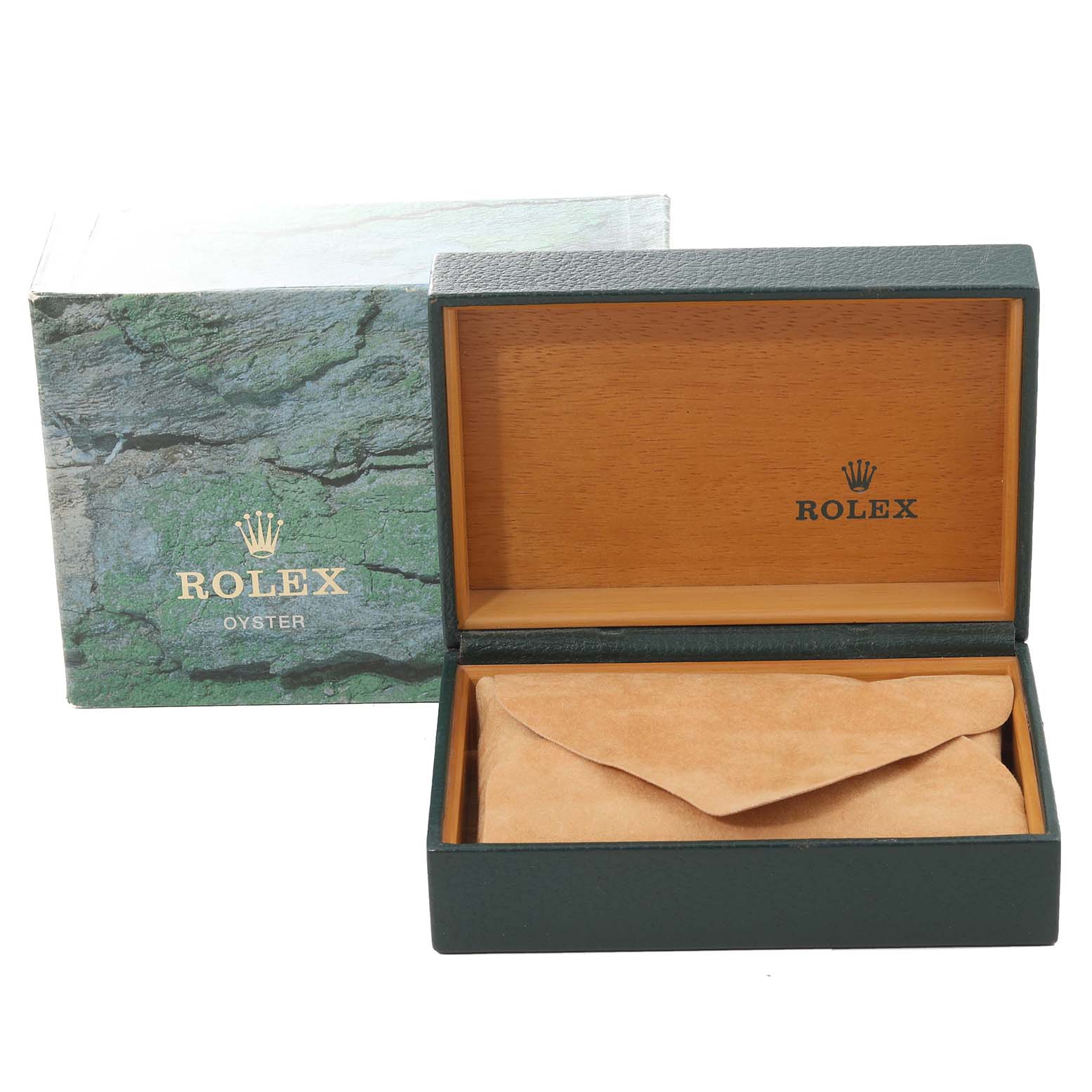 This image shows the packaging of a Rolex Oyster Perpetual 14203 Men's Steel and Gold (two tone) Grey Dial 14203 Men's Steel and Gold (two tone) Grey Dial watch, including the outer box and the inner wooden box with a suede pouch.