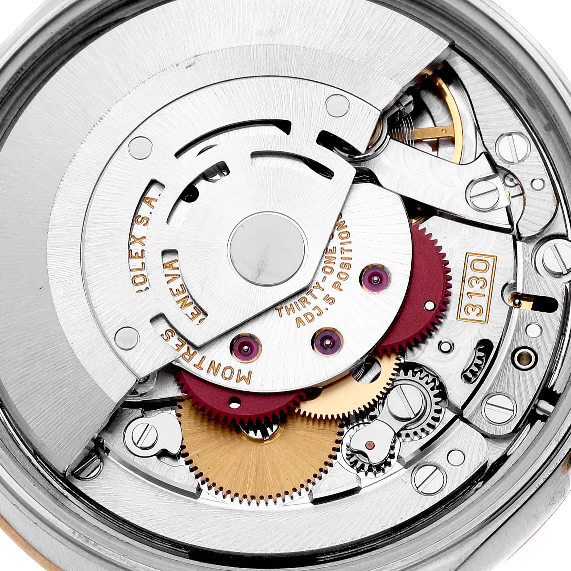 This image shows the internal movement mechanism of a Rolex Oyster Perpetual 14203 Men's Steel and Gold (two tone) Grey Dial 14203 Men's Steel and Gold (two tone) Grey Dial watch, highlighting gears and components from a top-down angle.