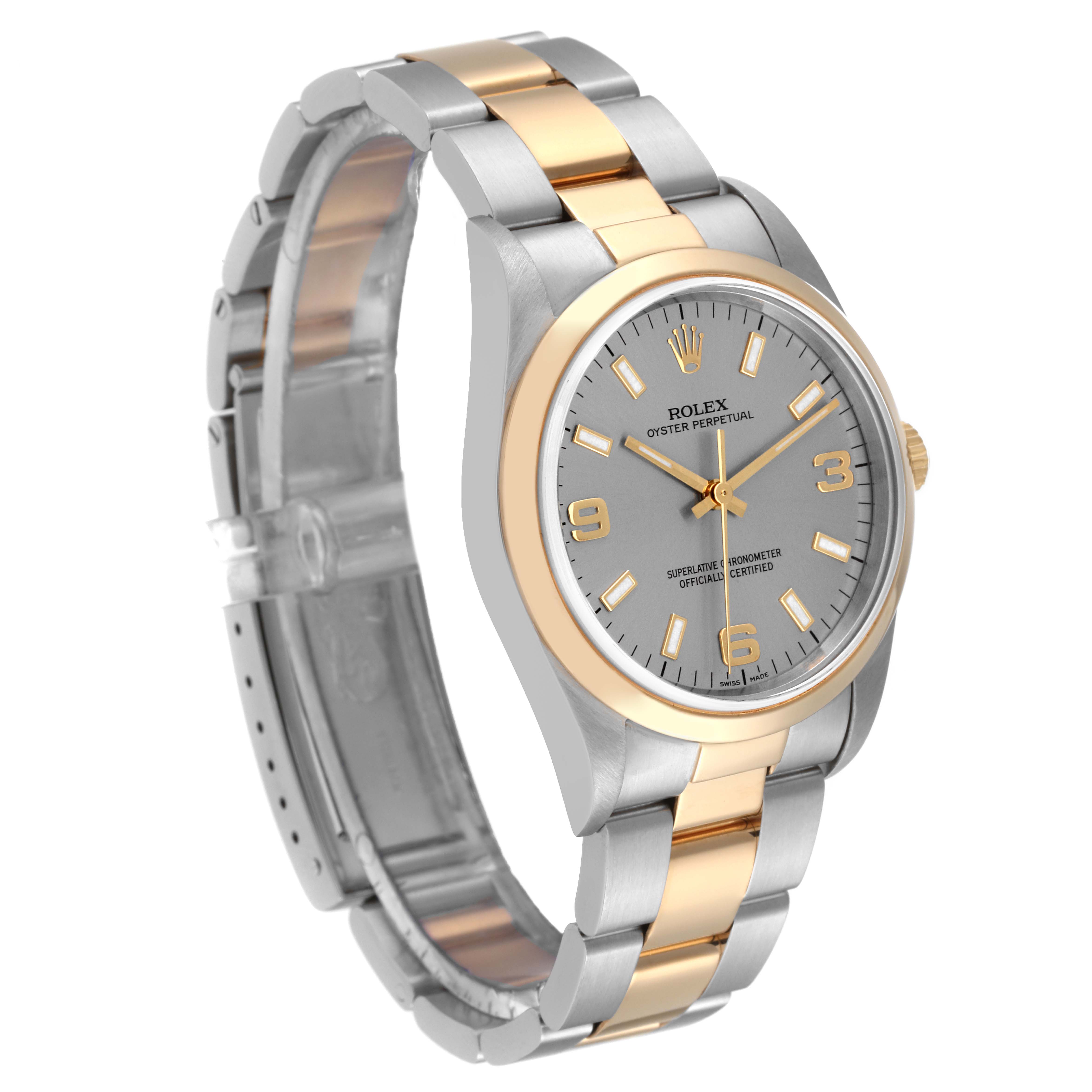 The image shows a side and front view of a Rolex Oyster Perpetual 14203 Men's Steel and Gold (two tone) Grey Dial 14203 Men's Steel and Gold (two tone) Grey Dial watch, highlighting its dial, bezel, and two-tone bracelet.