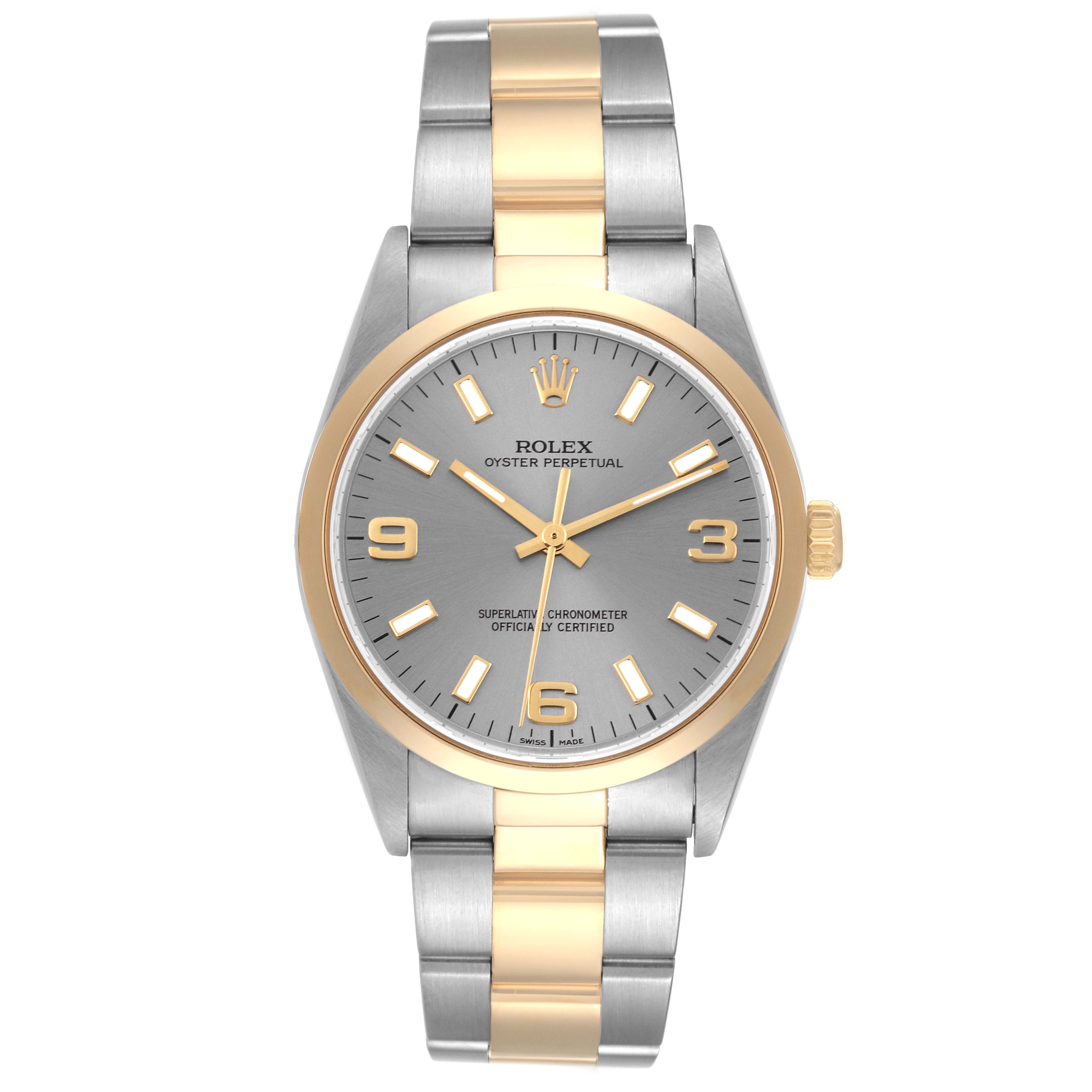 This image shows a front angle of a Rolex Oyster Perpetual 14203 Men's Steel and Gold (two tone) Grey Dial 14203 Men's Steel and Gold (two tone) Grey Dial watch, featuring a gray dial and a two-tone metal band.