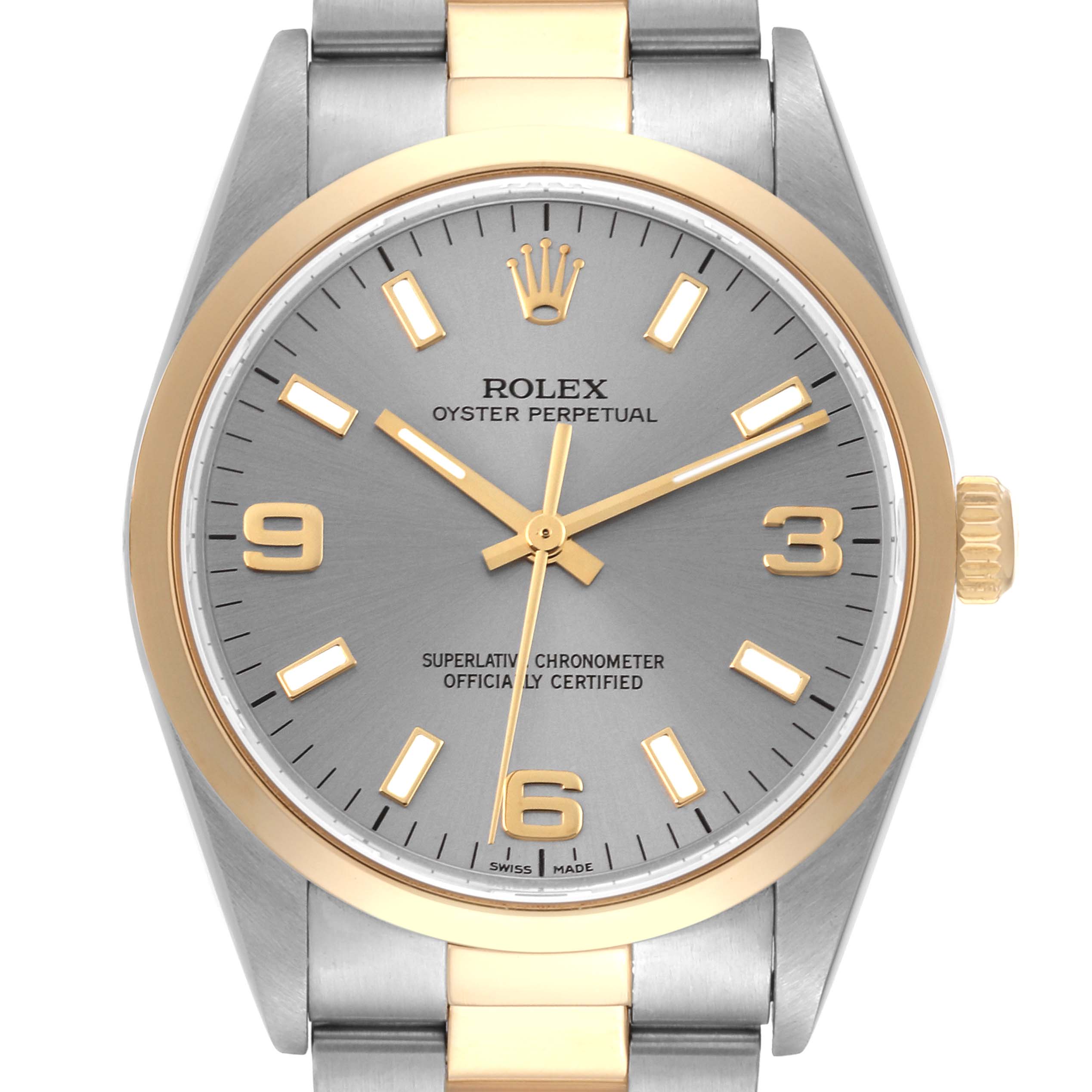 This image shows a front view of the Rolex Oyster Perpetual 14203 Men's Steel and Gold (two tone) Grey Dial 14203 Men's Steel and Gold (two tone) Grey Dial watch, highlighting the dial, hands, crown, and bracelet links.