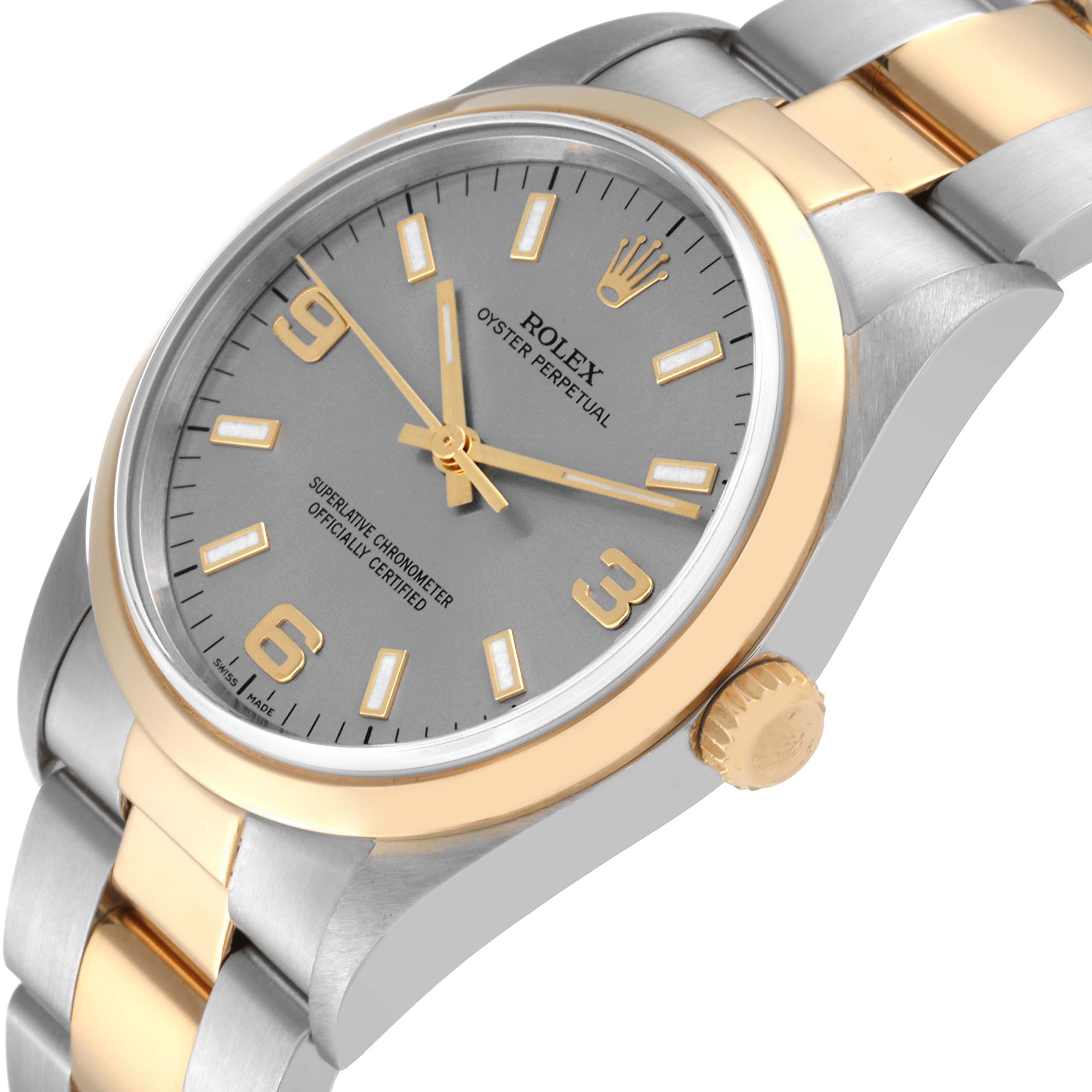 The image shows a Rolex Oyster Perpetual 14203 Men's Steel and Gold (two tone) Grey Dial 14203 Men's Steel and Gold (two tone) Grey Dial watch at a tilted angle, highlighting the dial, bezel, crown, and part of the bracelet.