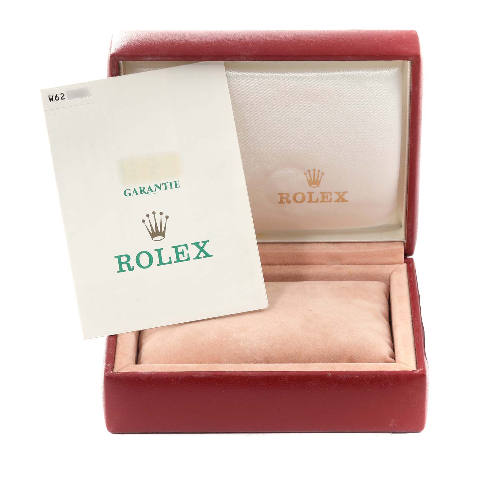 The image shows an open Rolex Oyster Perpetual 67230 Women's Stainless Steel White Dial 67230 Women's Stainless Steel White Dial watch box with a warranty booklet placed inside.