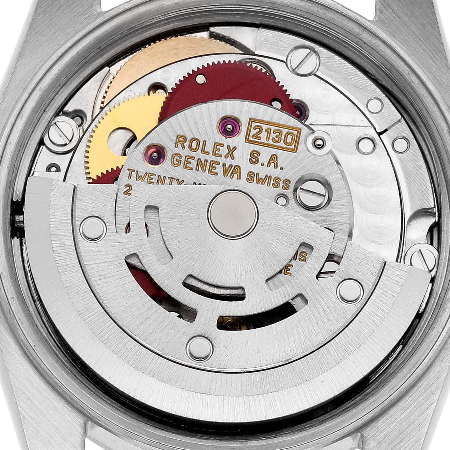 This is a close-up view of the Oyster Perpetual Rolex watch movement, showcasing its intricate internal mechanics.