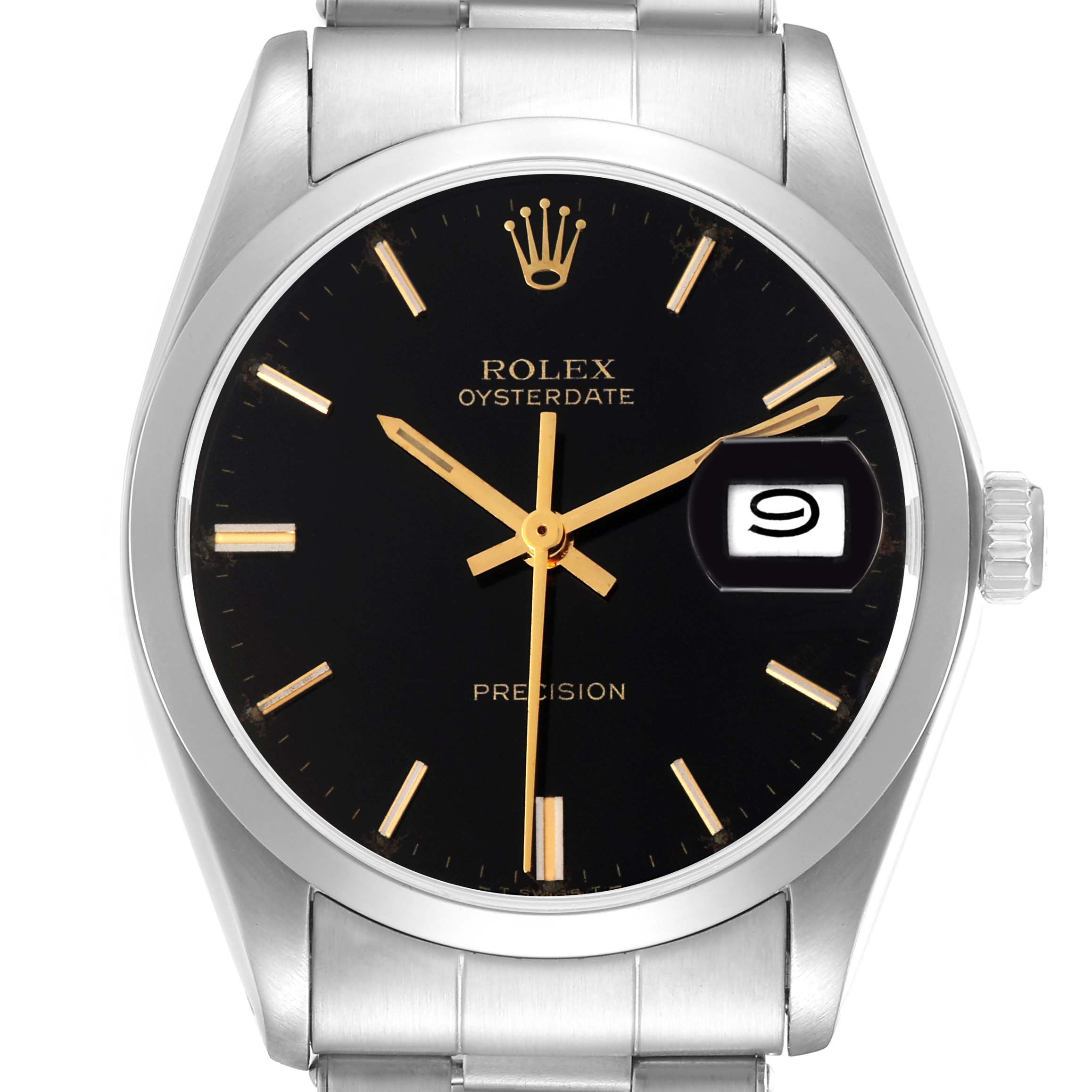 The Rolex Date model 6694 watch is shown from a front angle, displaying its dial, hour markers, hands, crown, and part of the bracelet.