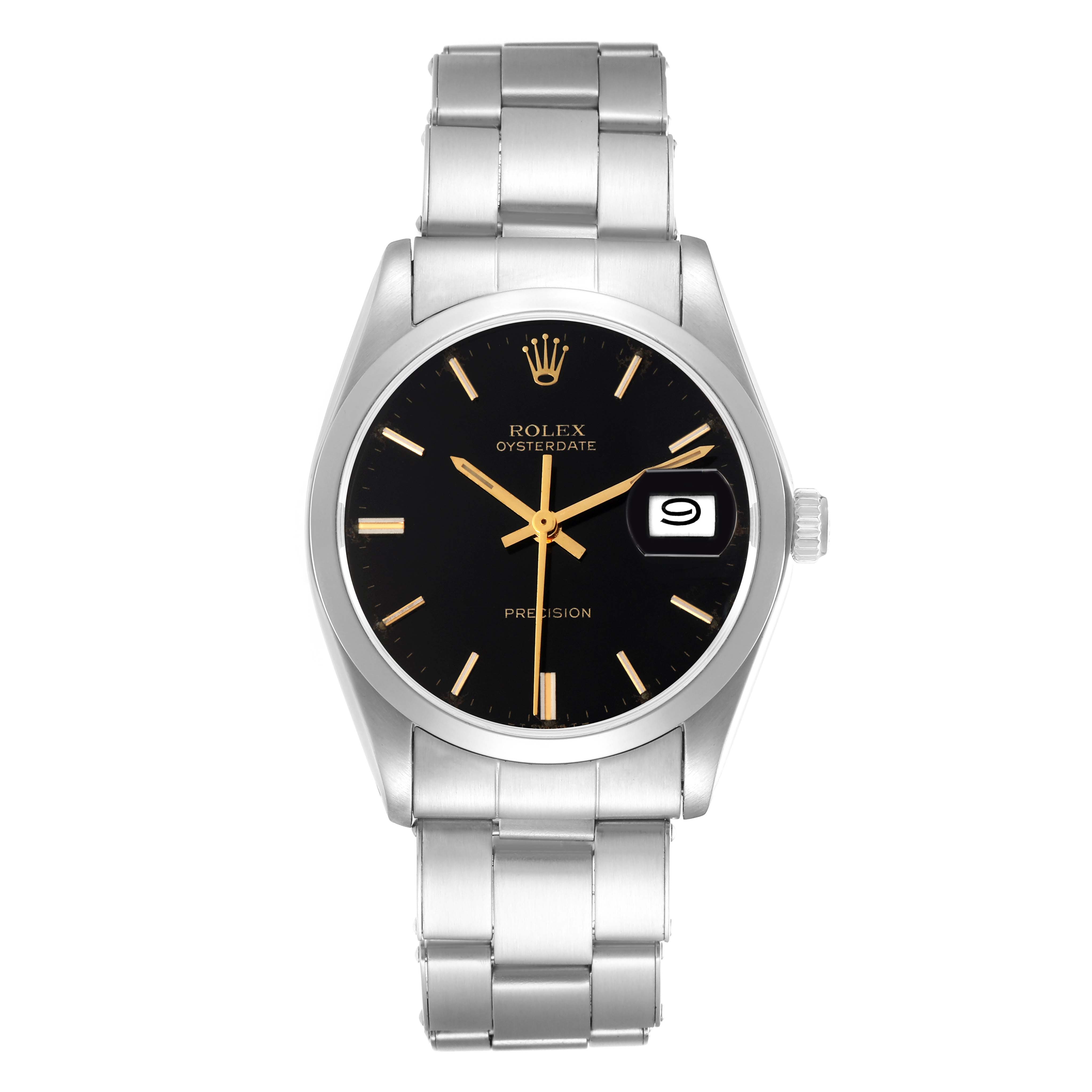 The Rolex Date model 6694 men's watch is shown from a front angle, highlighting the black dial, hour markers, hands, date window, and stainless steel bracelet.