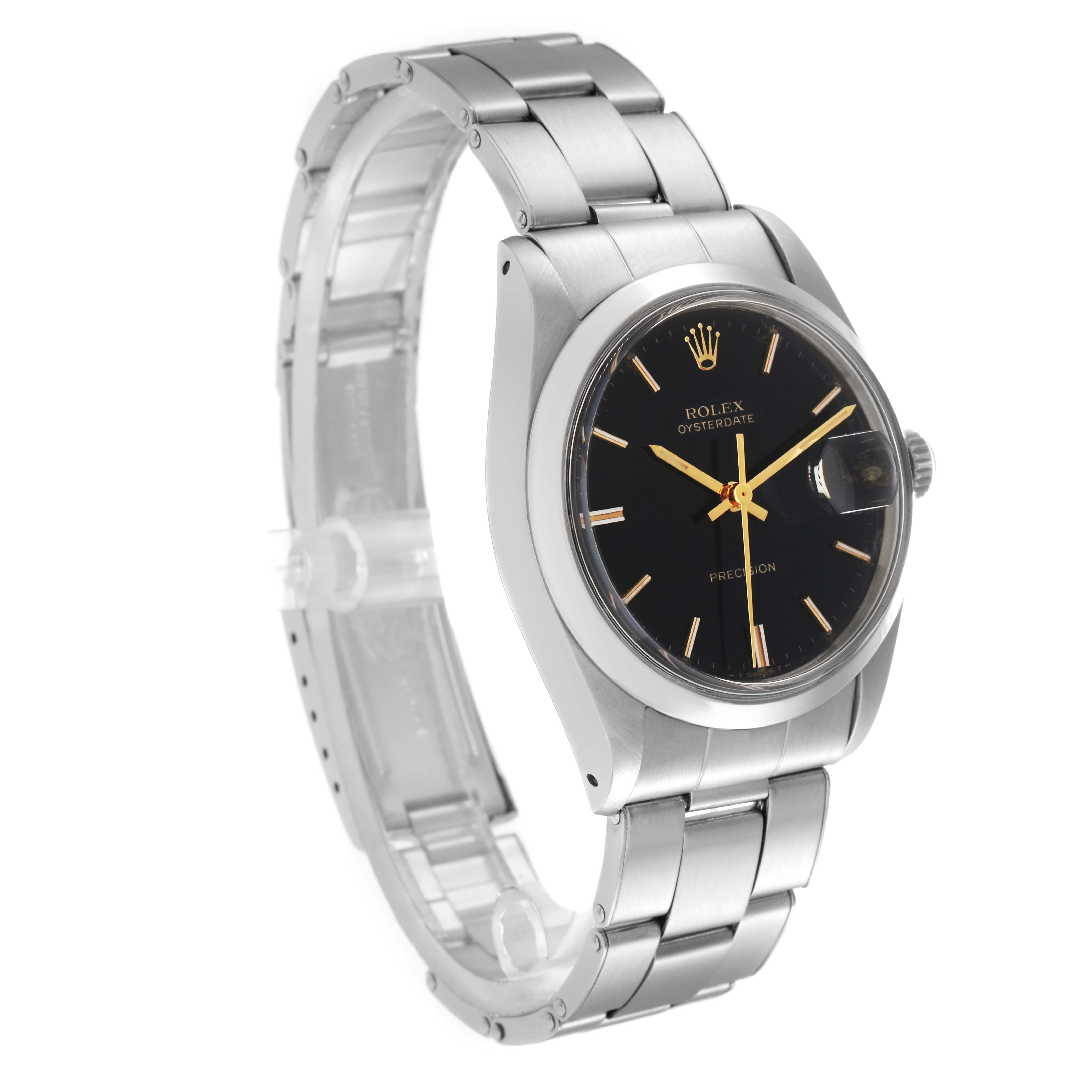 The Rolex Date model 6694 is shown at an angle highlighting the face, bracelet, and crown.