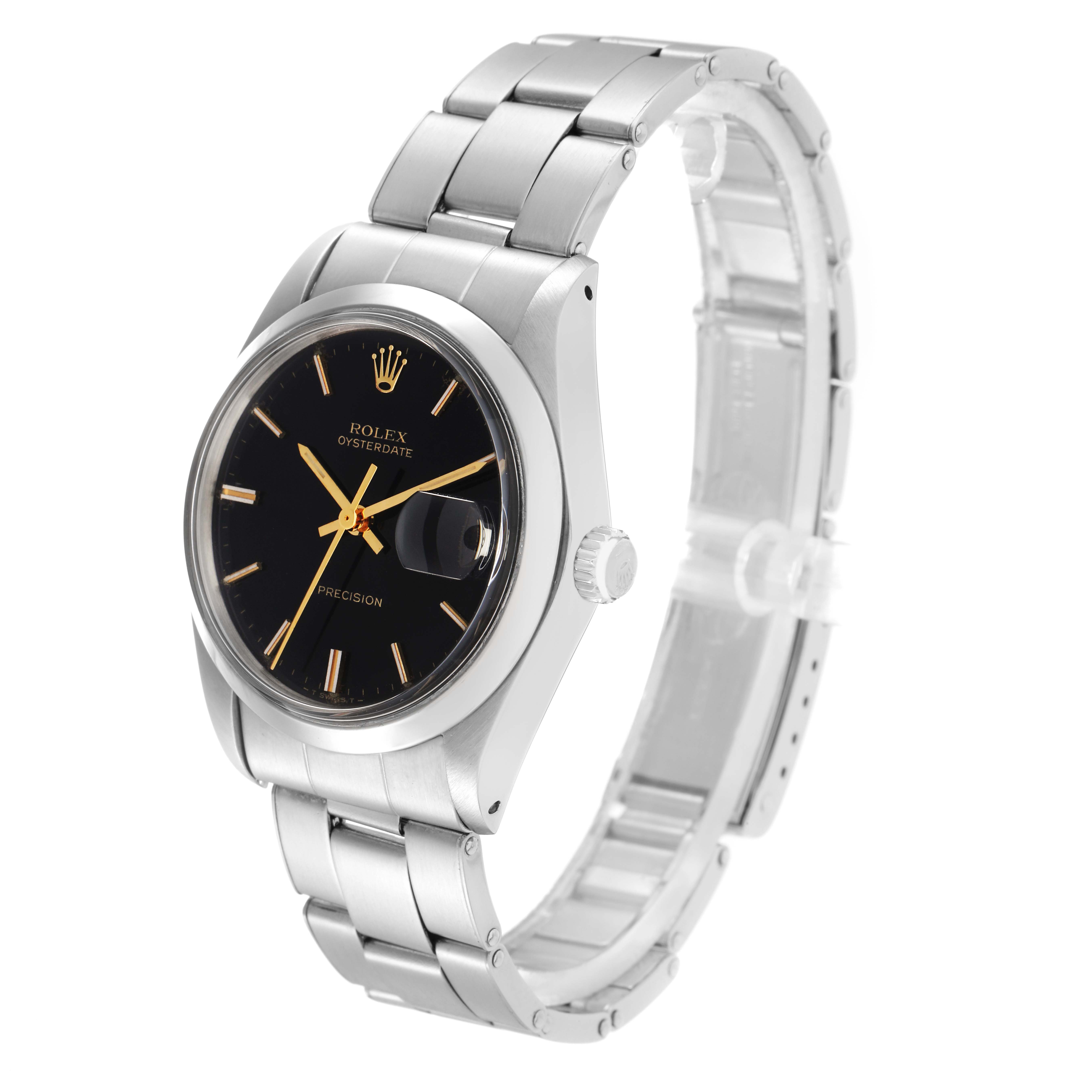 The Rolex Date model 6694 men's watch is shown at an angle highlighting the face, crown, case, and stainless steel bracelet.