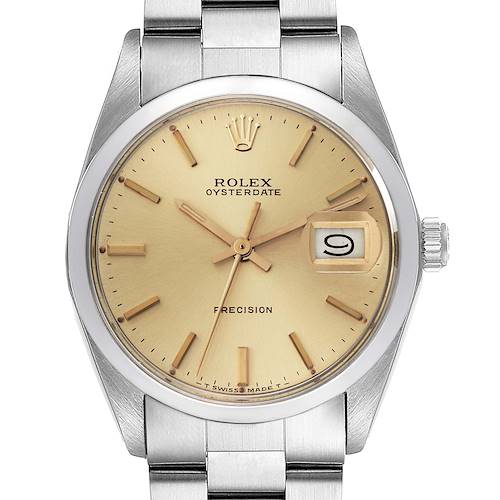 The image shows a front view of the Rolex Vintage Collection model watch, displaying the dial, date window, and part of the bracelet.