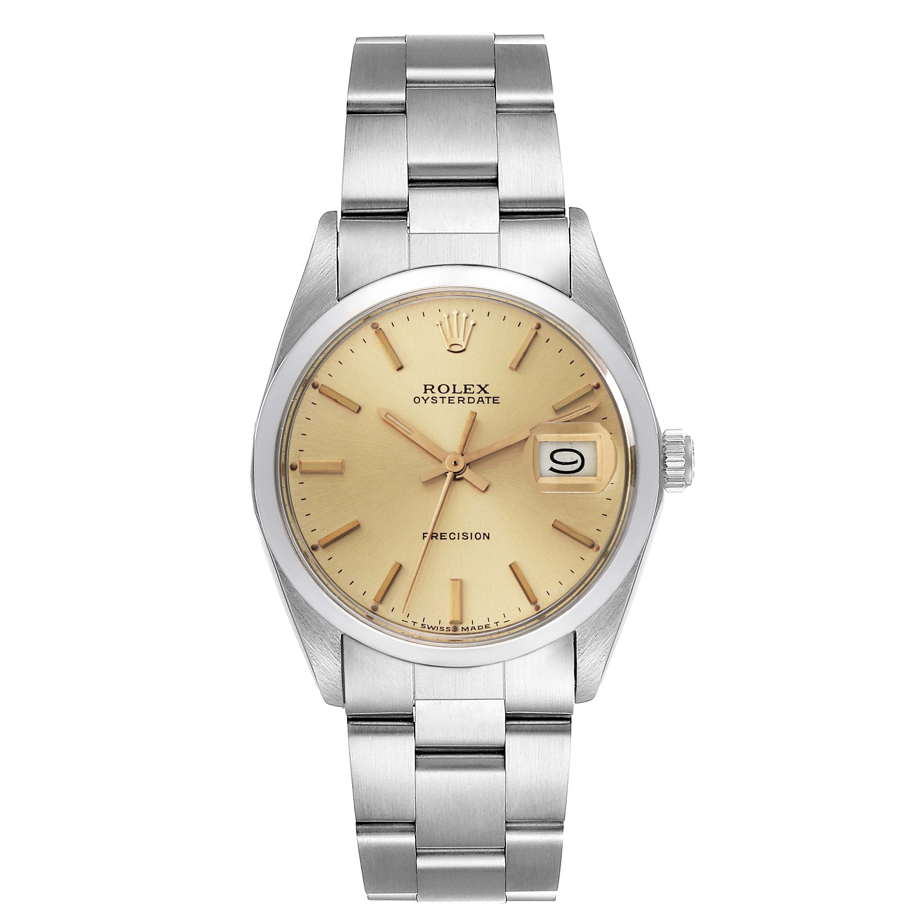 The image shows a frontal view of the Rolex Vintage Collection 6694 Men's Stainless Steel Champagne Dial 6694 Men's Stainless Steel Champagne Dial Oysterdate watch, featuring a metal bracelet and a light-colored dial.