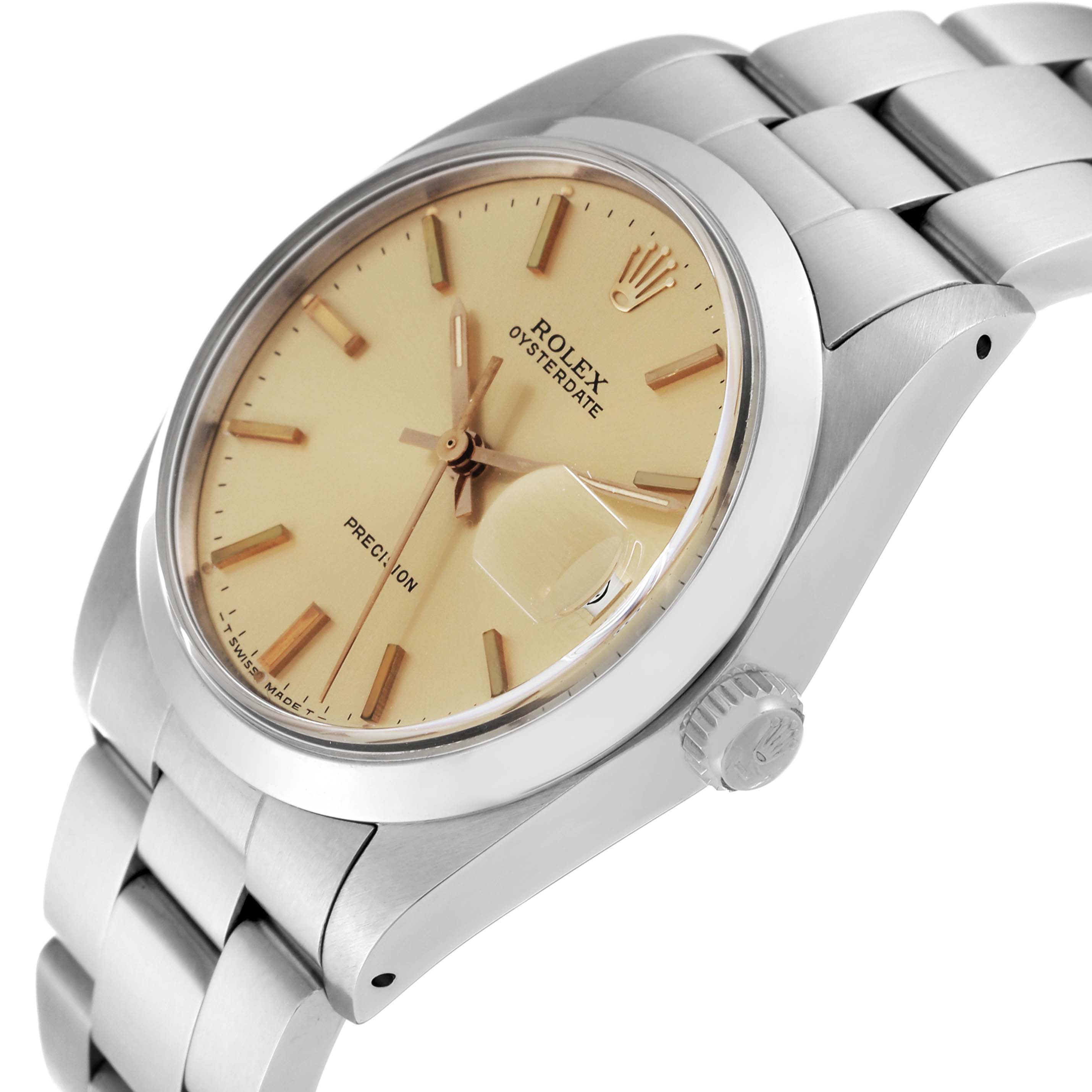This is a side angle shot showing the face, crown, and bracelet of the Rolex Vintage Collection 6694 Men's Stainless Steel Champagne Dial 6694 Men's Stainless Steel Champagne Dial Oysterdate model.