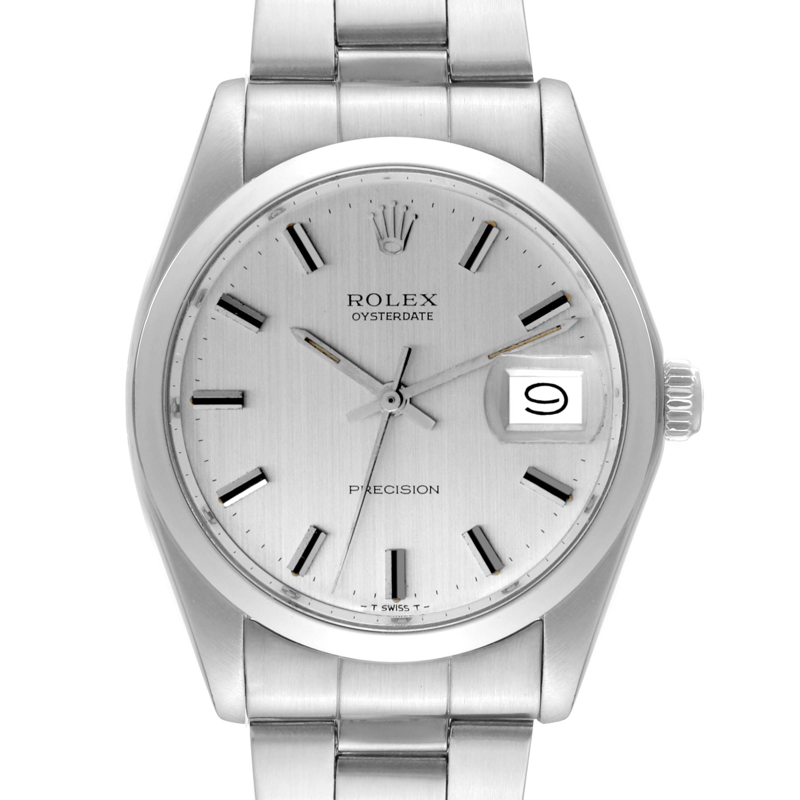 This image shows a frontal view of the Rolex Vintage Collection 6694 Men's Stainless Steel Silver Dial 6694 Men's Stainless Steel Silver Dial Oysterdate watch, highlighting its dial, hands, bracelet, and date display.