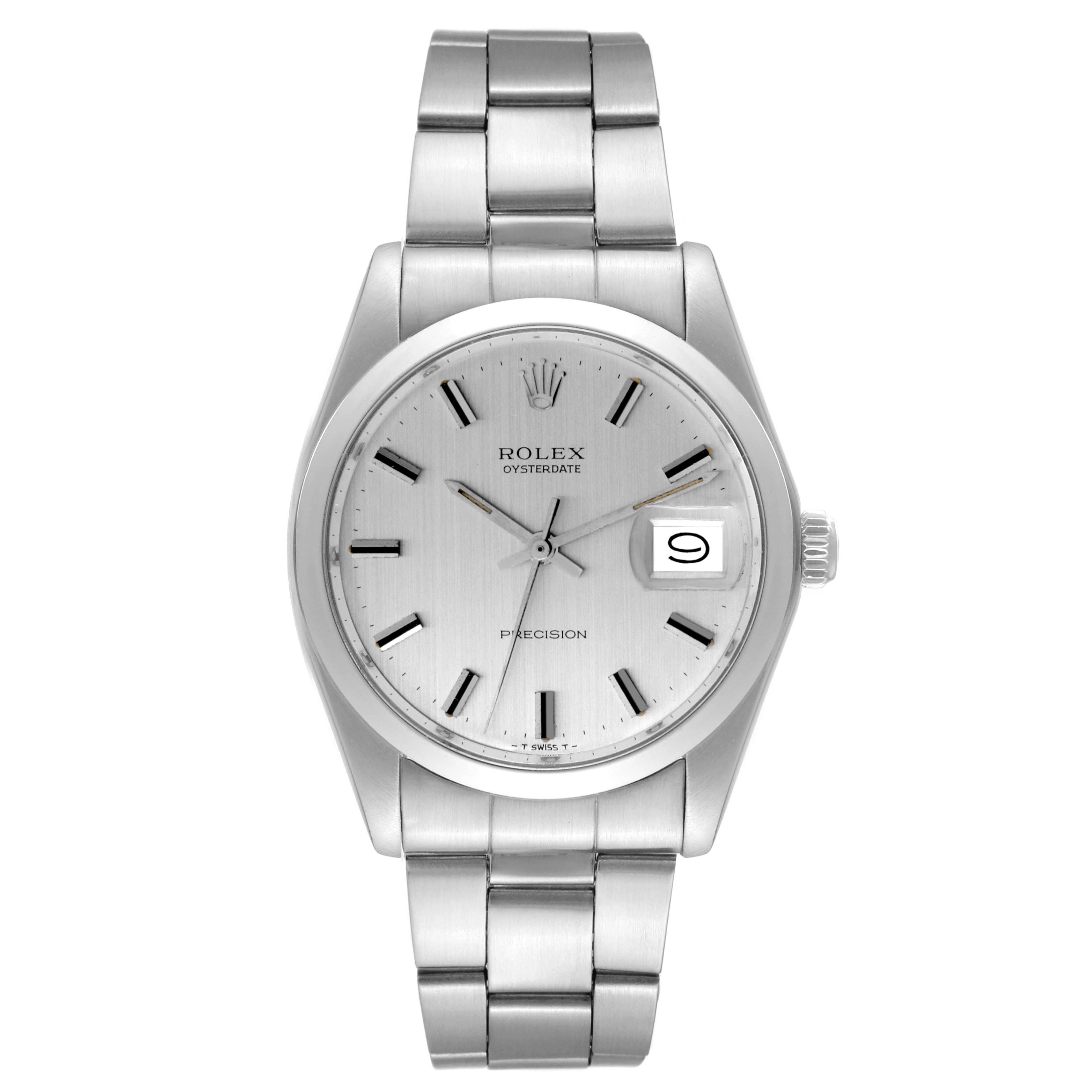 This image shows a front view of the Rolex Vintage Collection 6694 Men's Stainless Steel Silver Dial 6694 Men's Stainless Steel Silver Dial watch, featuring its silver dial, date window, and metal bracelet.